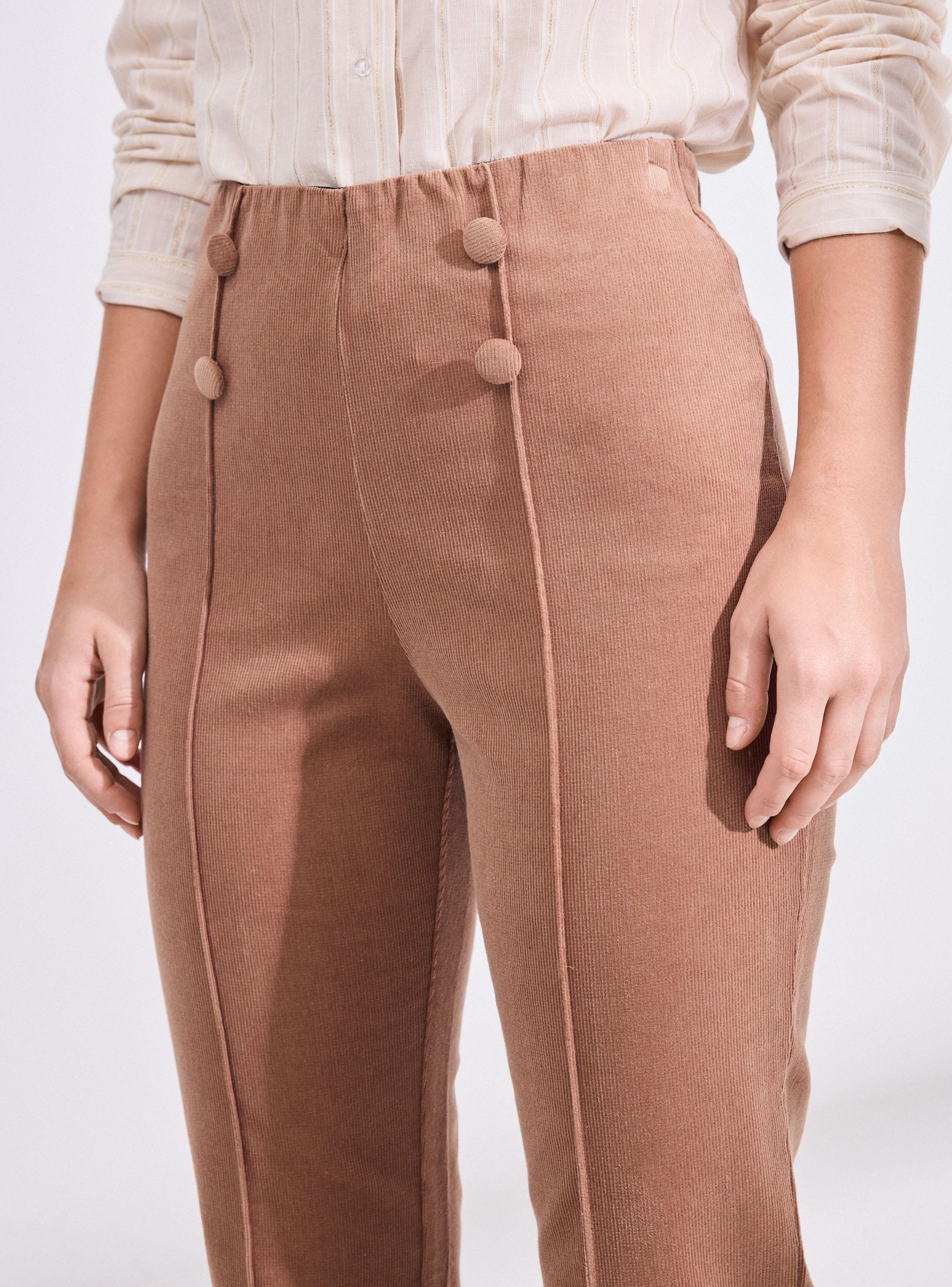 Pantalón de Pana con Diseño Espiga y Botones Decorativos-2