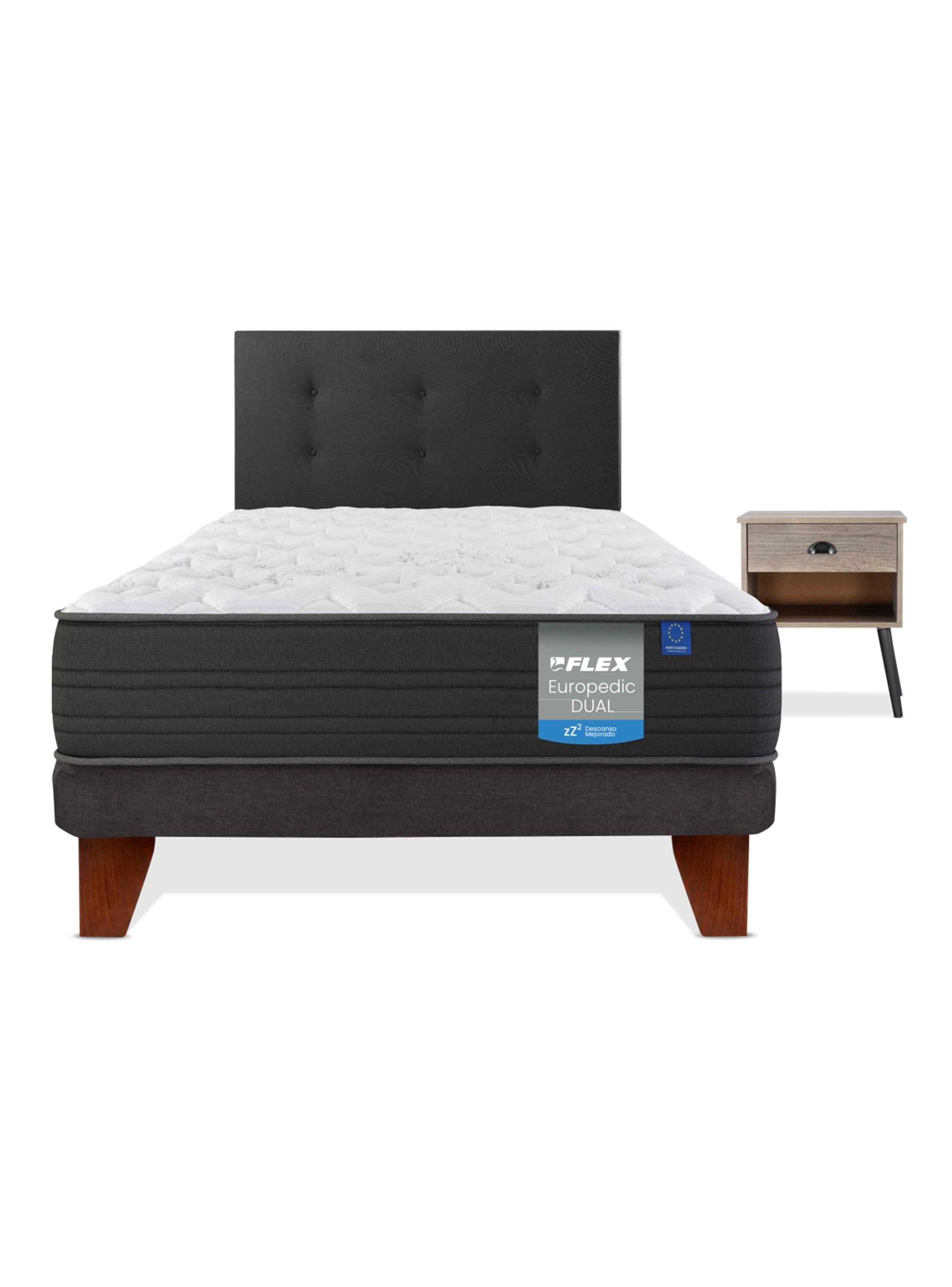 Cama Europea Europedic Dual 1 Plazas Base Normal + Respaldo Royal Negro + Velador Rock-2