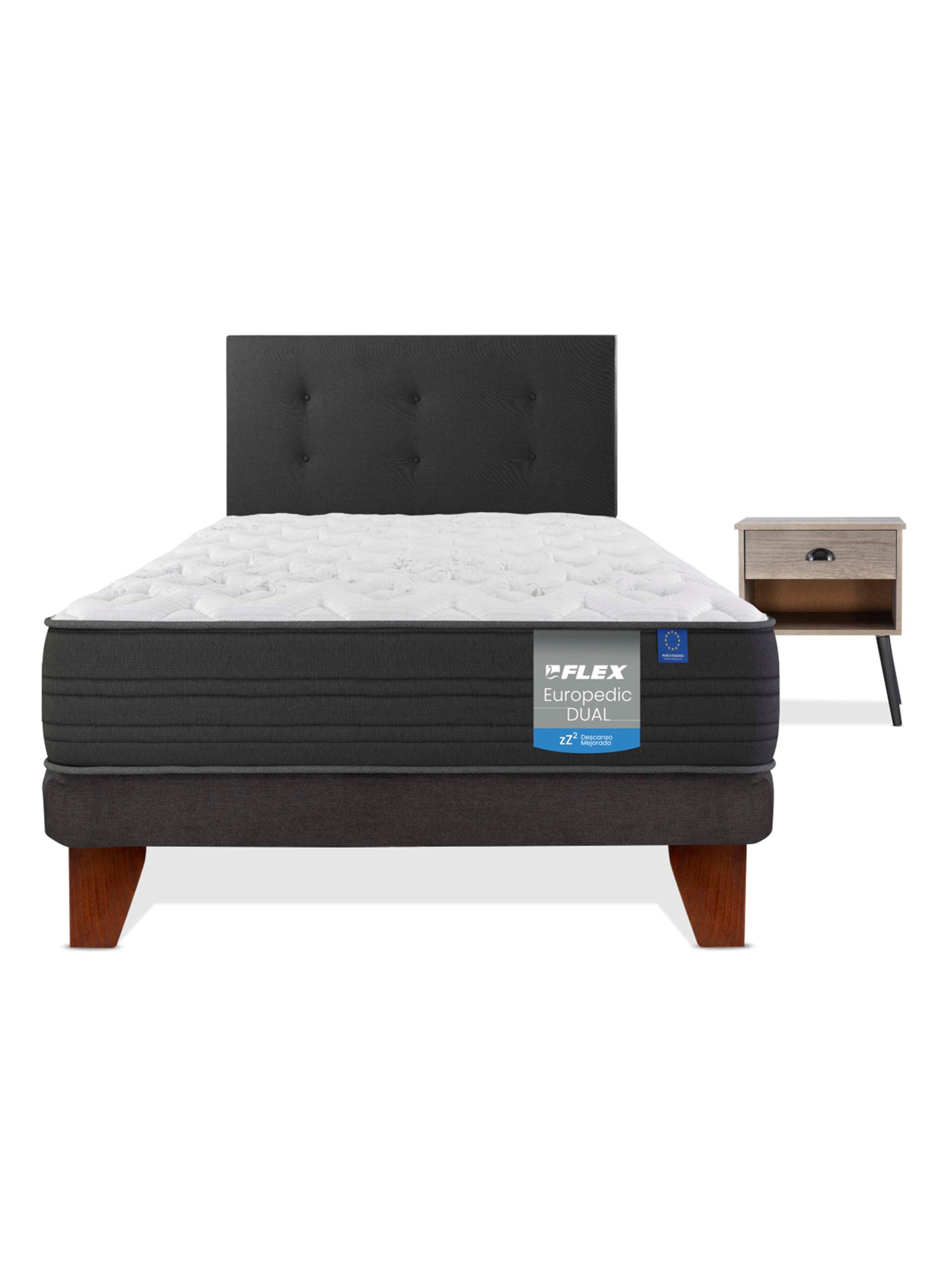 Cama Europea Europedic Dual 1 Plazas Base Normal + Respaldo Royal Negro + Velador Rock-2