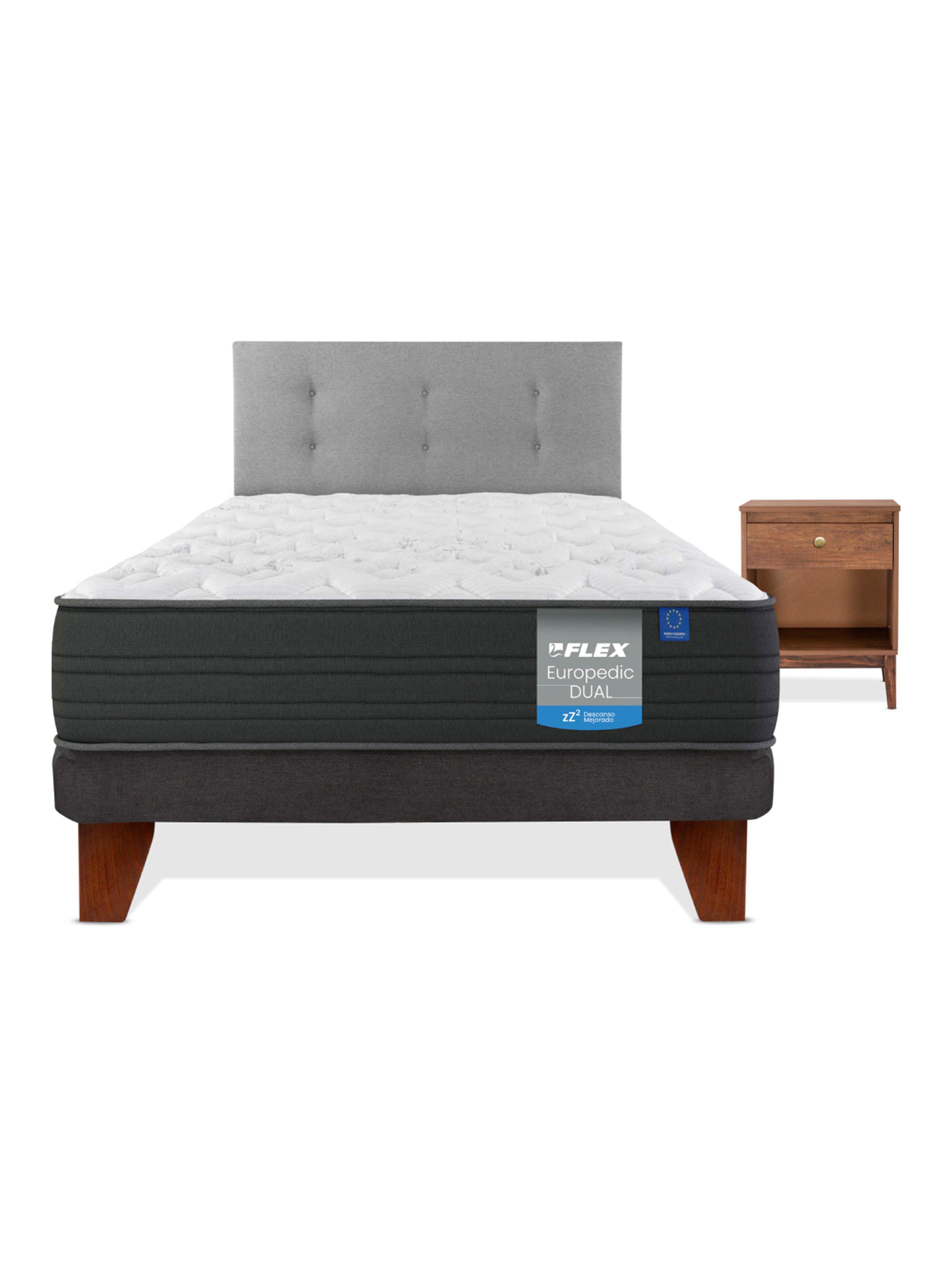 Cama Europea Europedic Dual 1.5 Pl azas Base Normal + Respaldo Royal Gris + Velador Atenas-2