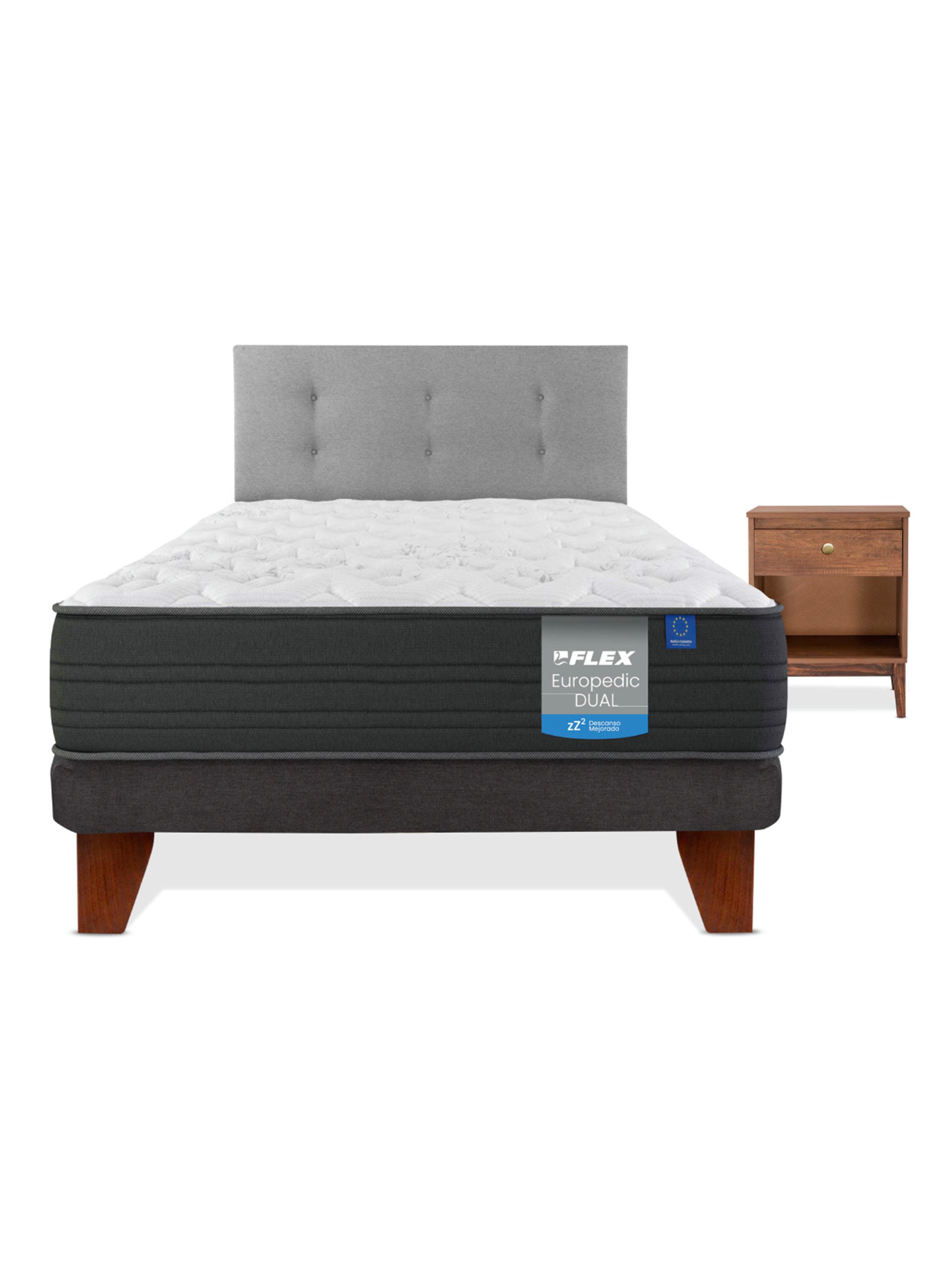 Cama Europea Europedic Dual 1.5 Pl azas Base Normal + Respaldo Royal Gris + Velador Atenas-2