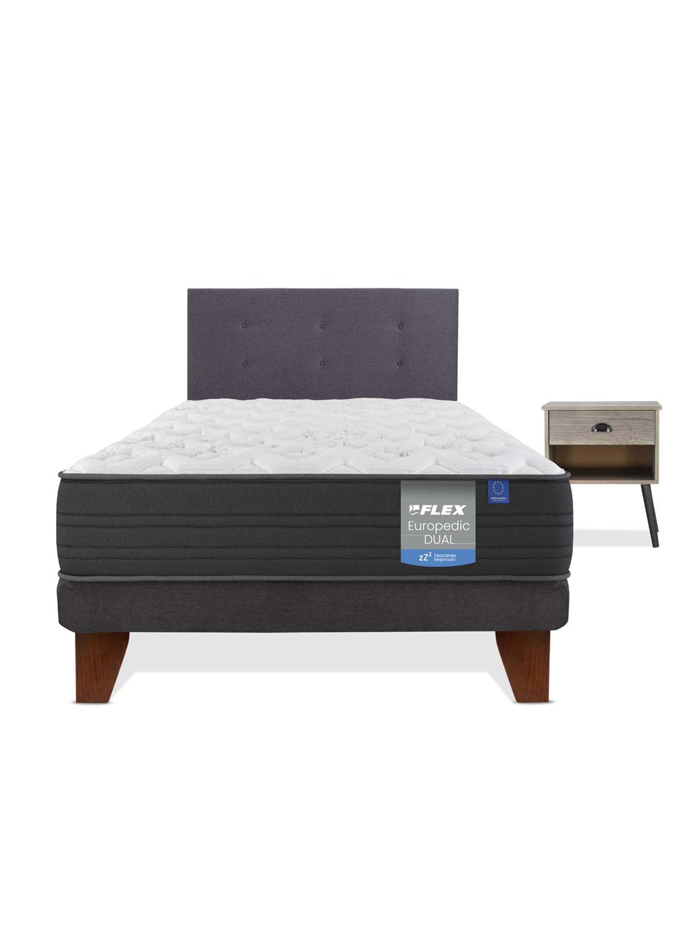 Cama Europea Europedic Dual 1.5 Plazas Base Normal + Respaldo Royal Grafito + Velador Rock-2