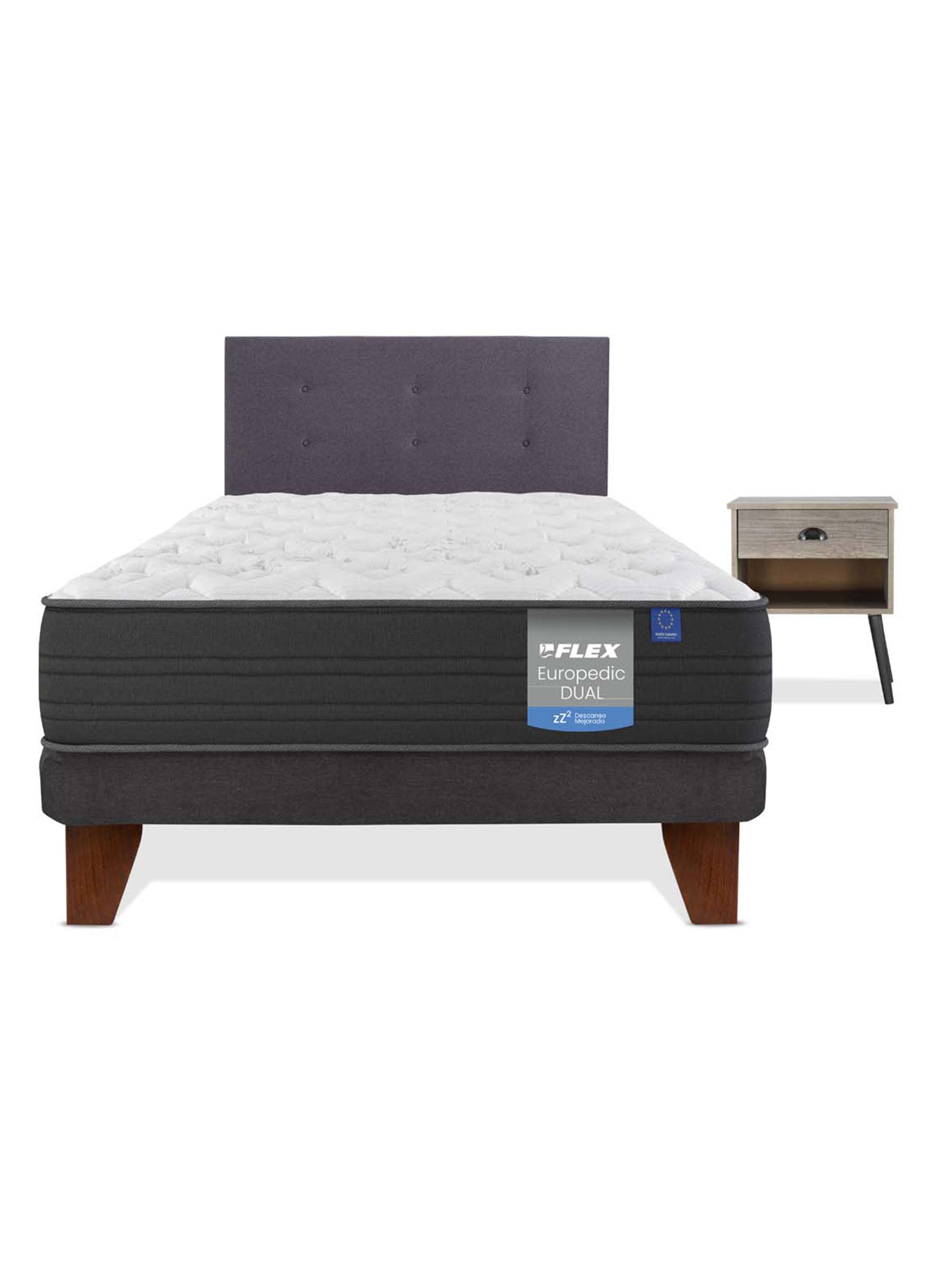 Cama Europea Europedic Dual 1.5 Plazas Base Normal + Respaldo Royal Grafito + Velador Rock-2