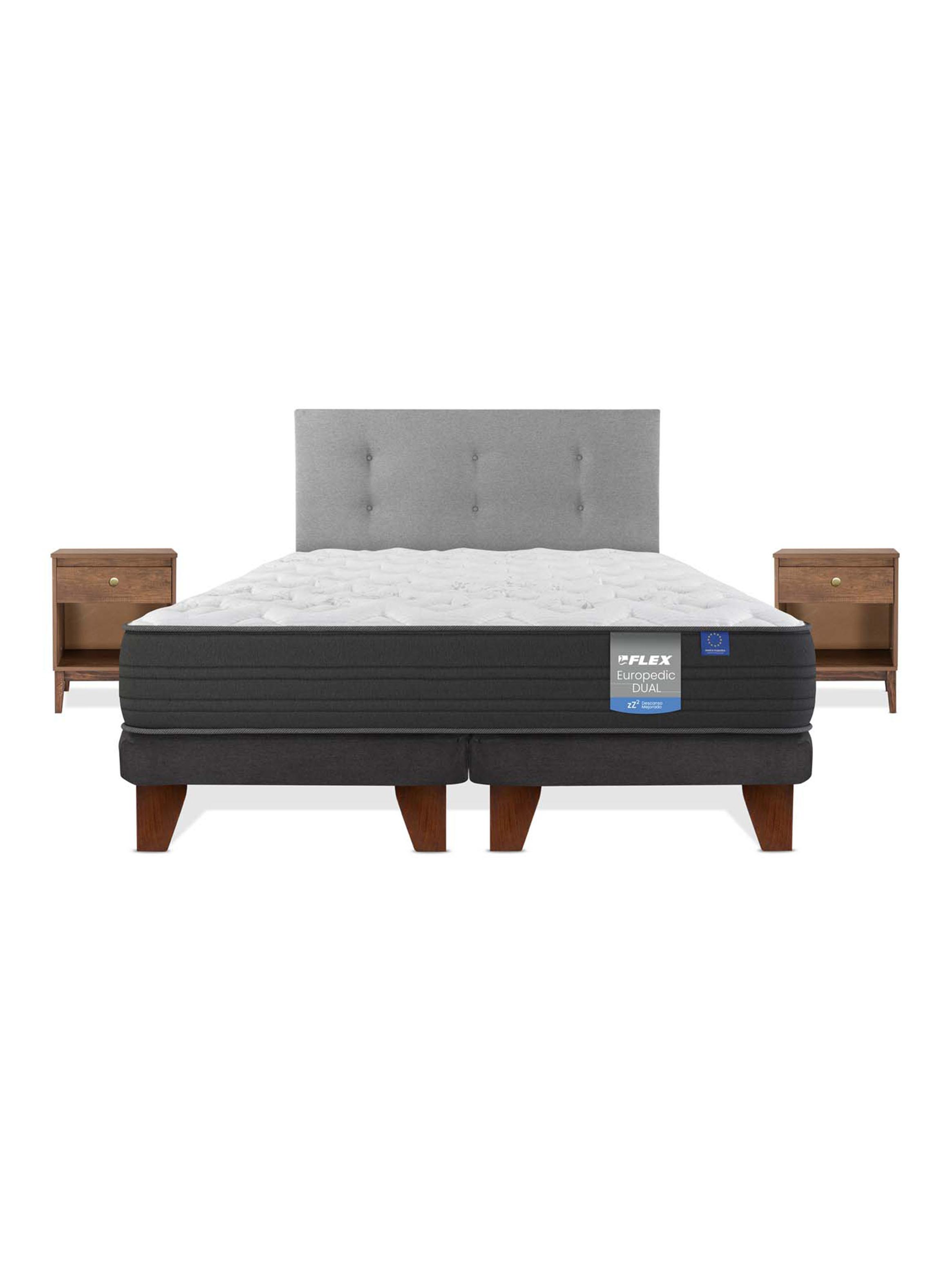 Cama Europea Europedic Dual 2 Pl azas Box Base Dividida + Respaldo Royal Gris + Velador Atenas-2