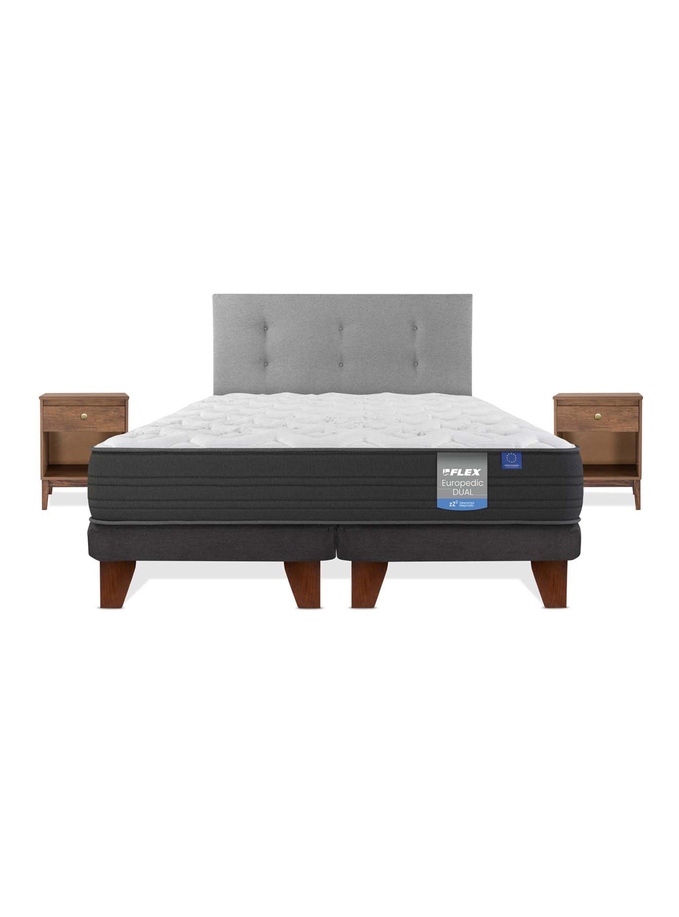 Cama Europea Europedic Dual 2 Pl azas Box Base Dividida + Respaldo Royal Gris + Velador Atenas-2