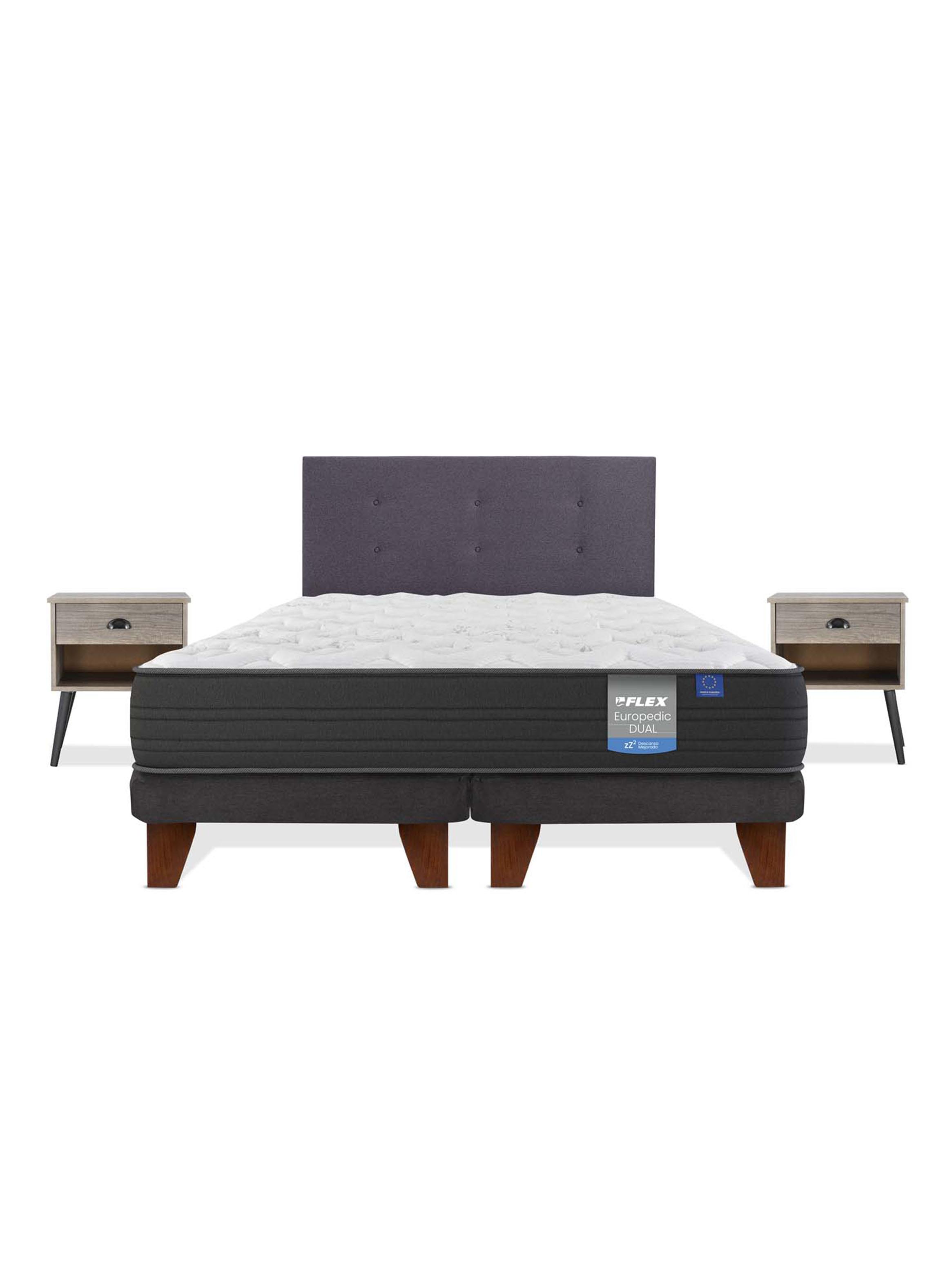 Cama Europea Europedic Dual 2 Plazas Box Base Dividida + Respaldo Royal Grafito + Velador Rock-2