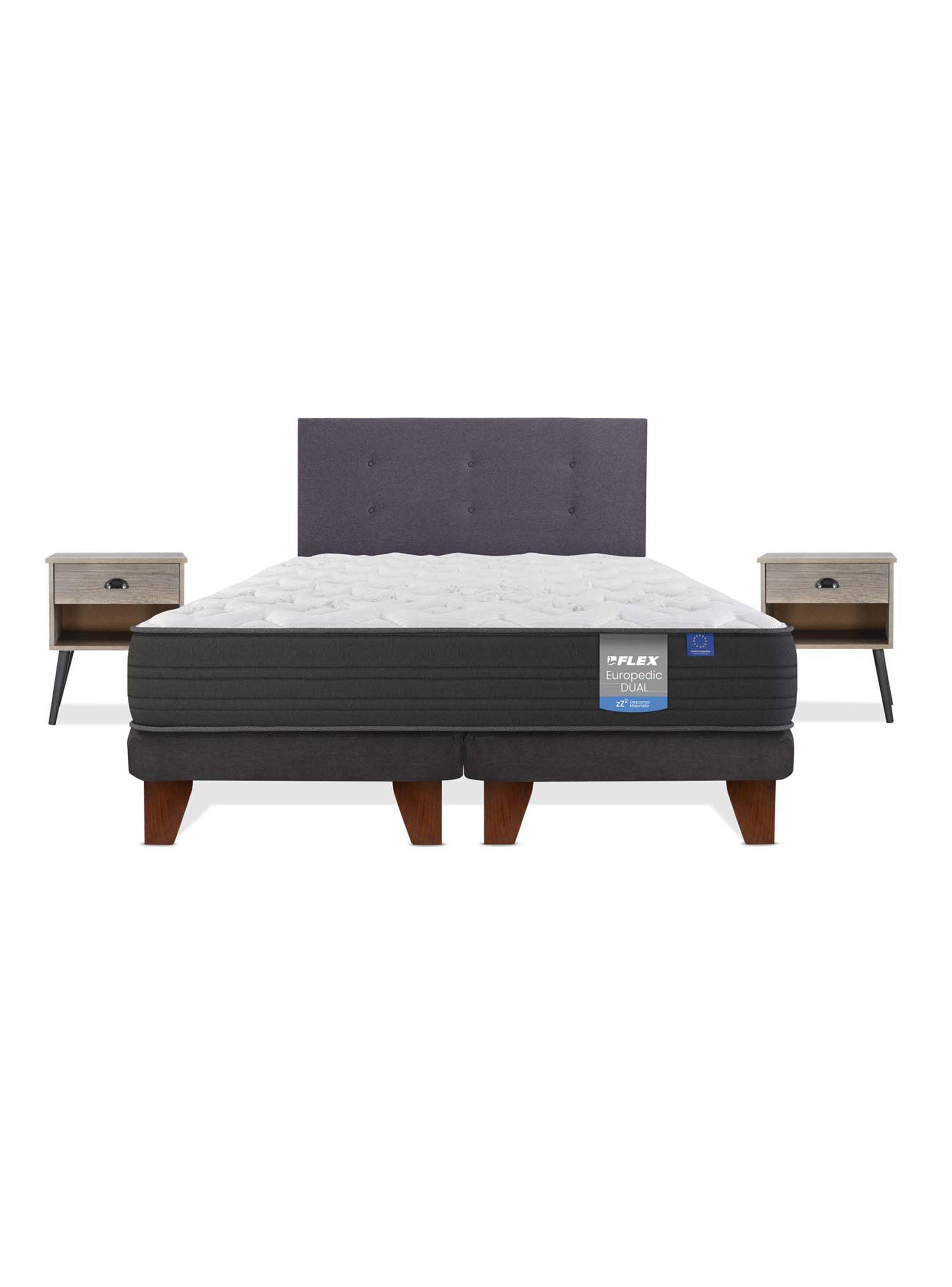 Cama Europea Europedic Dual 2 Plazas Box Base Dividida + Respaldo Royal Grafito + Velador Rock-2