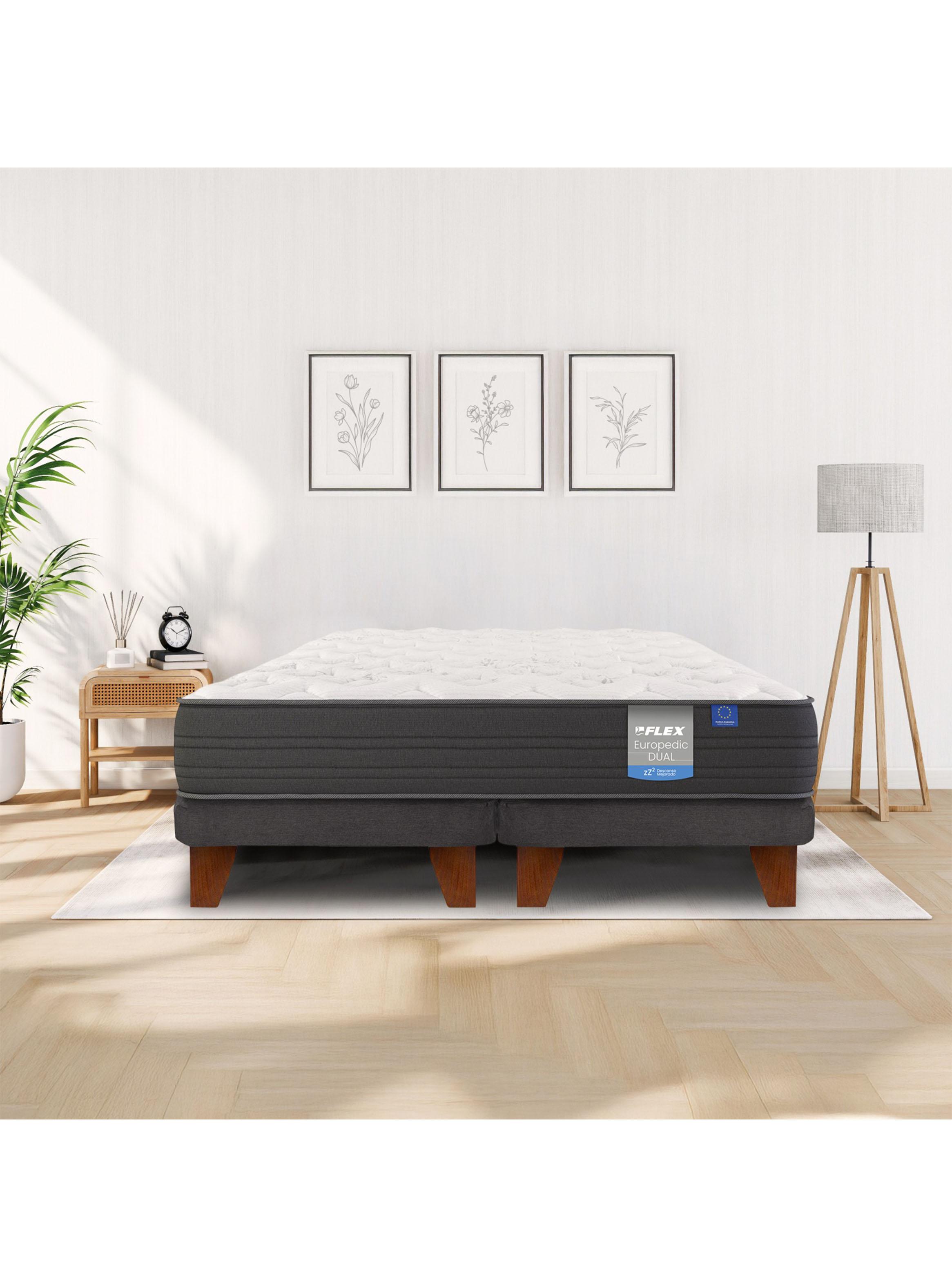 Cama Europea Europedic Dual 2 Plazas Box Base Dividida + Respaldo Royal Grafito + Velador Rock-4