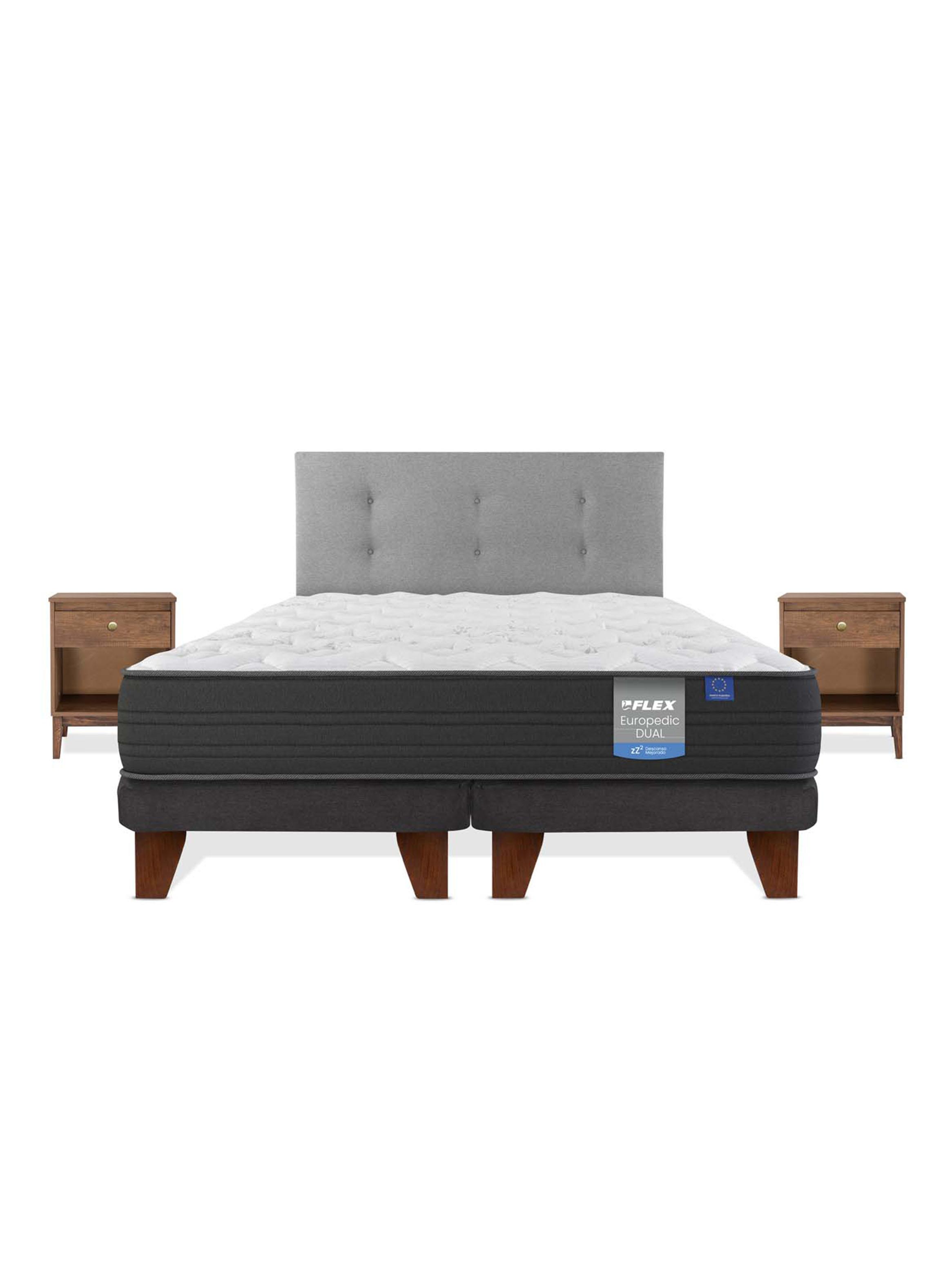 Cama Europea Europedic Dual King Base Dividida + Respaldo Royal Gris + Velador Atenas-2