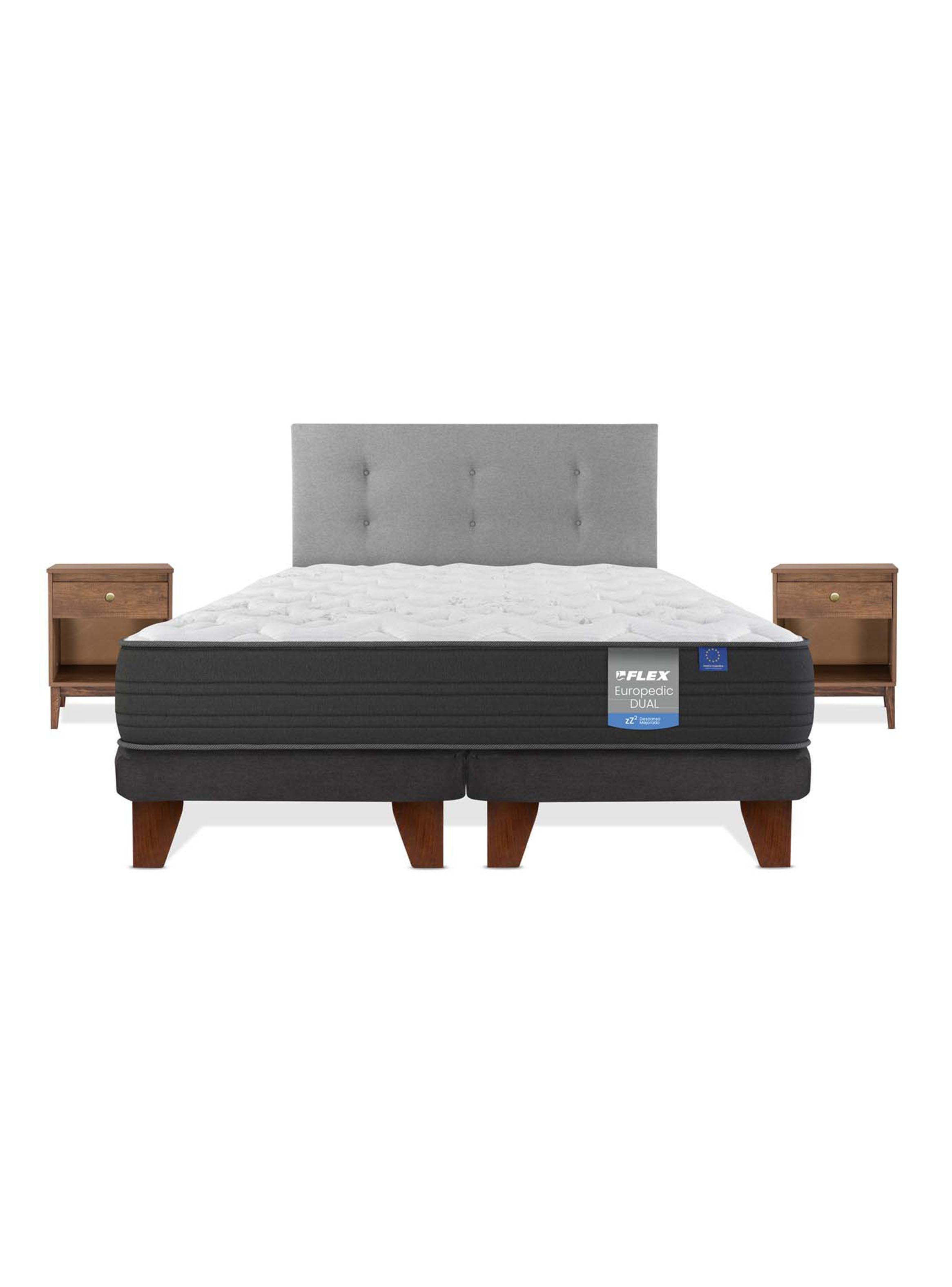 Cama Europea Europedic Dual King Base Dividida + Respaldo Royal Gris + Velador Atenas-2