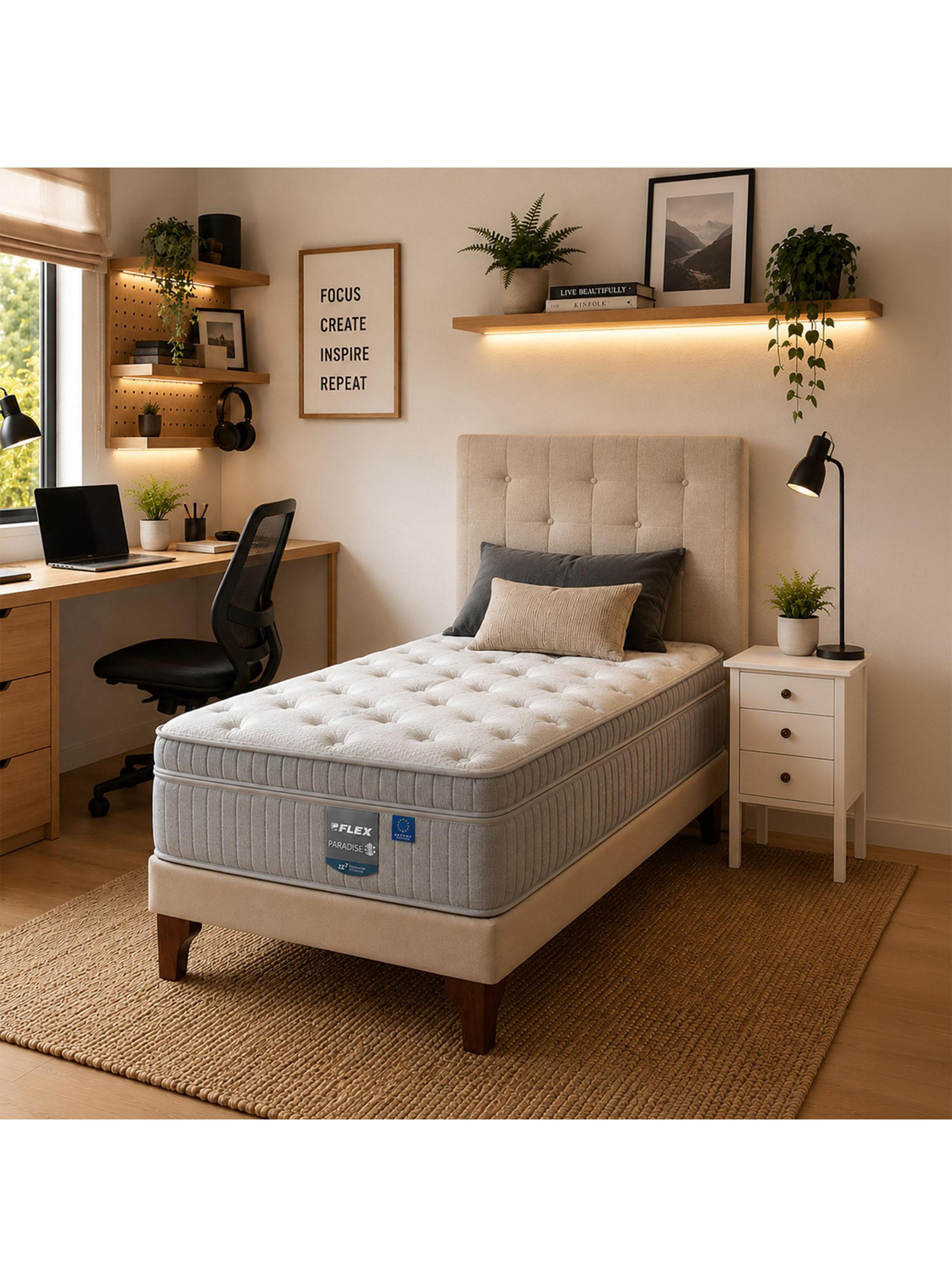 Cama Europea Arena  Paradise  1.5 Plazas + Respaldo Almendra + Velador Roma-5