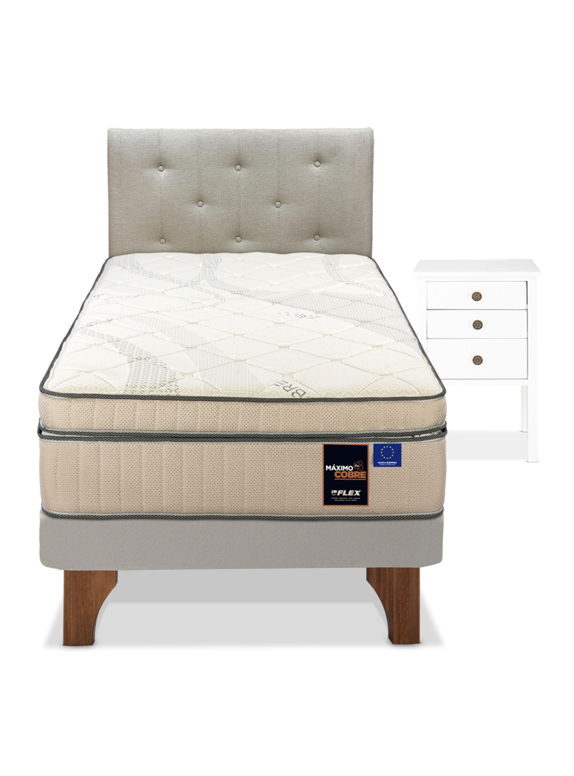 Cama Europea Arena Maximo Cobre  1.5 Plazas Base Normal + Respaldo Almendra + Velador Roma-2