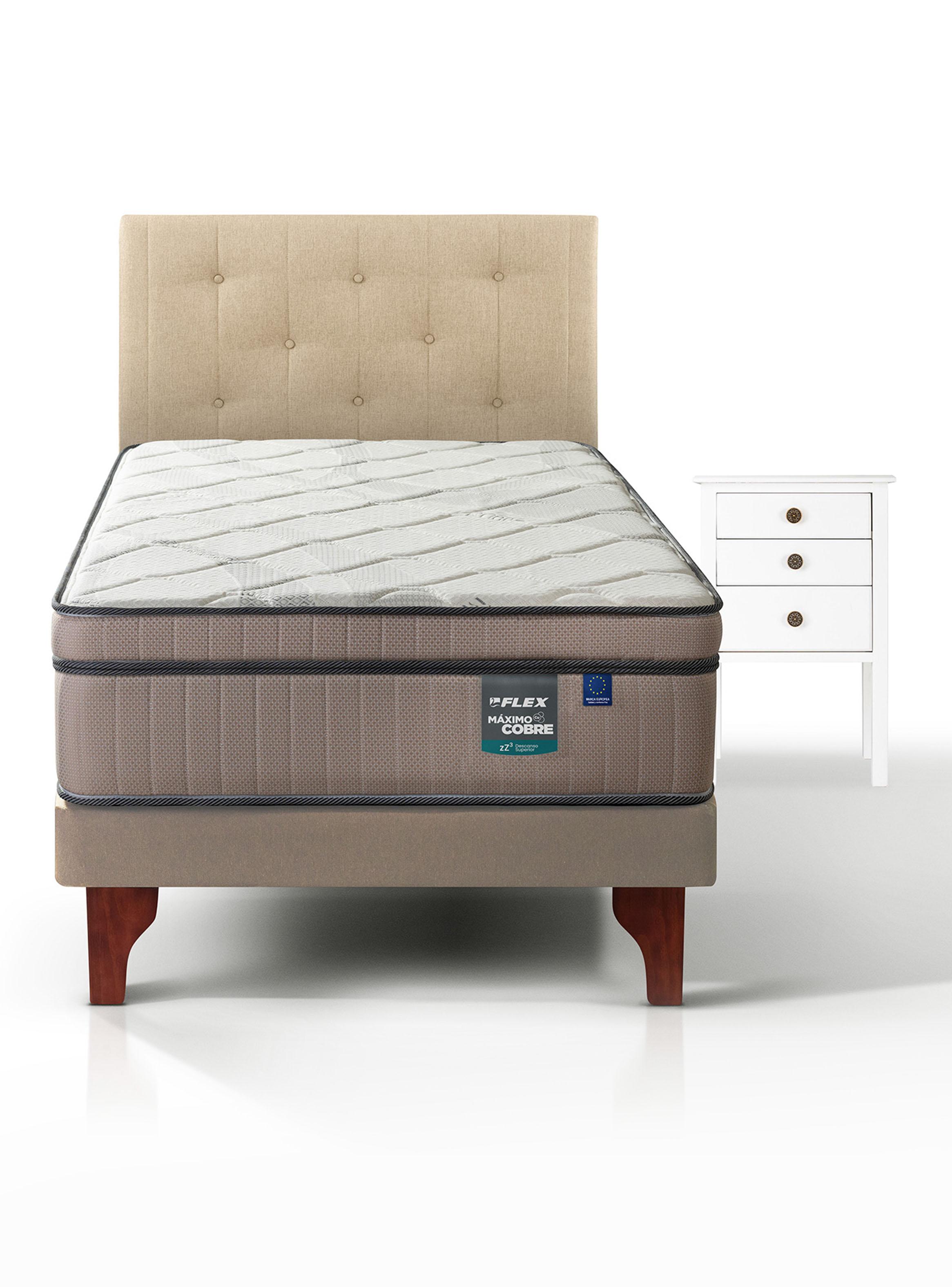 Cama Europea Arena Máximo Cobre 1.5 Plazas Base Normal + Respaldo Almendra + Velador Roma-1