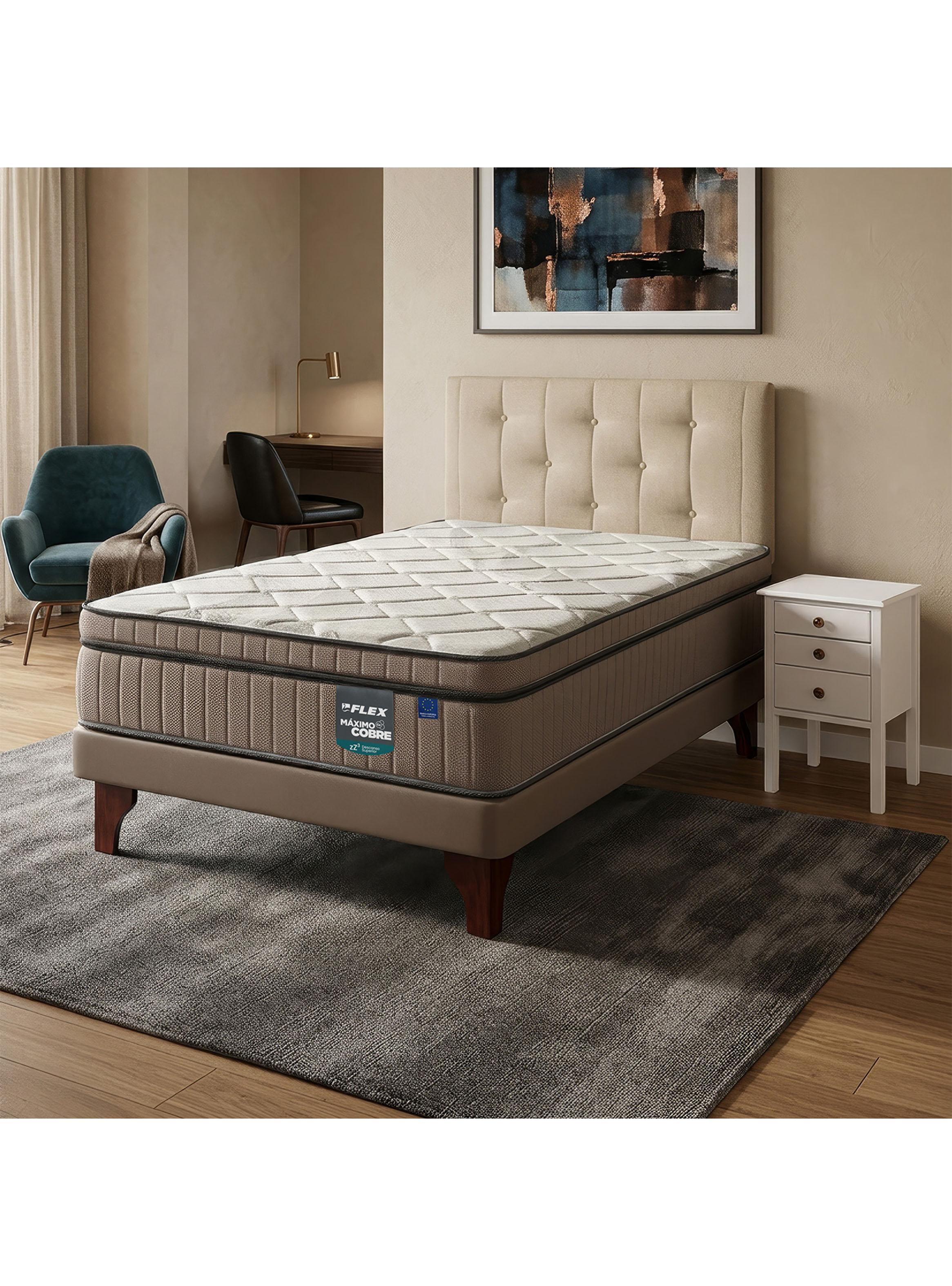 Cama Europea Arena Máximo Cobre 1.5 Plazas Base Normal + Respaldo Almendra + Velador Roma-5