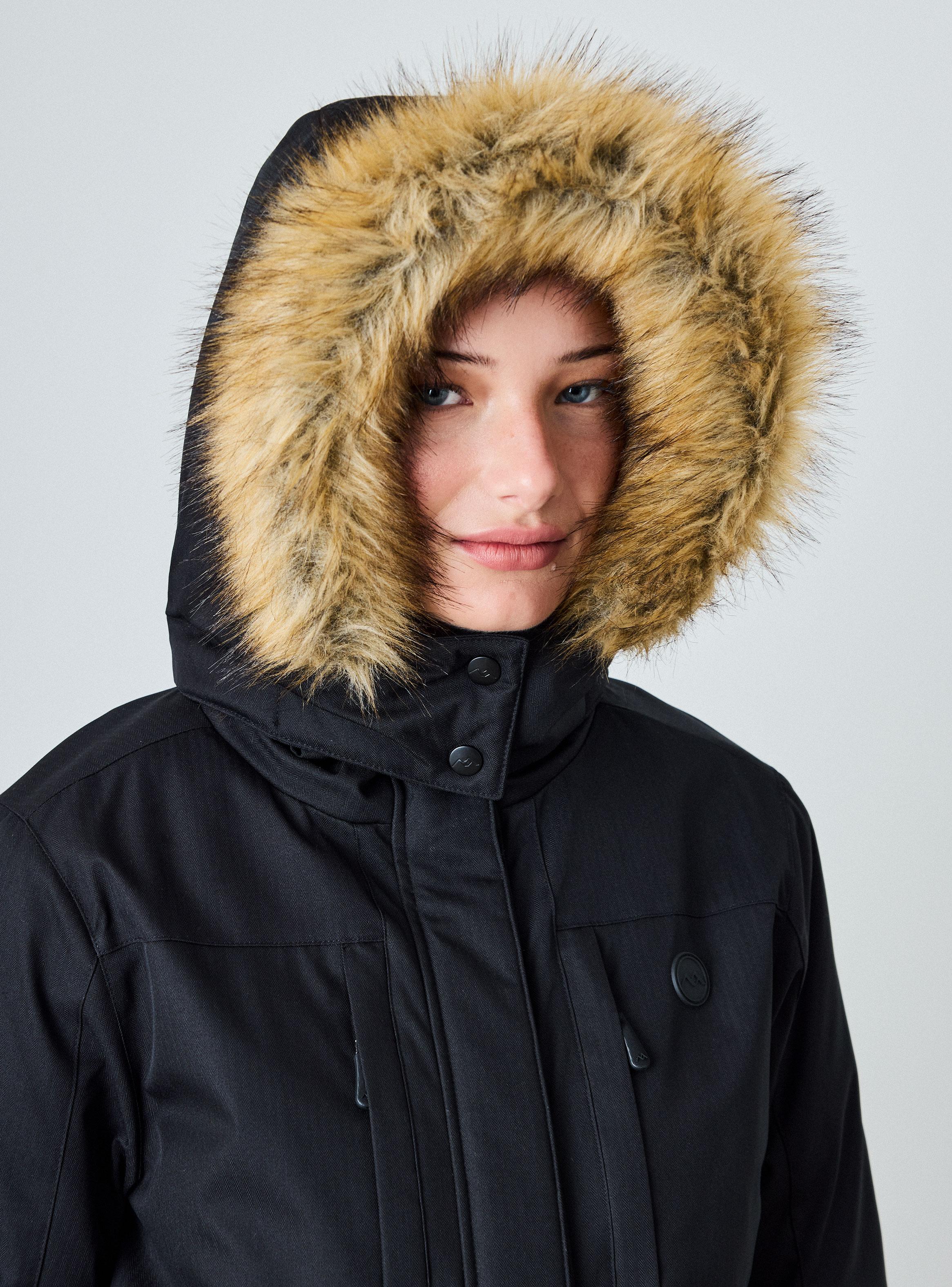 Parka Larga Gorro con Piel Desmontable Repelente al Agua-3