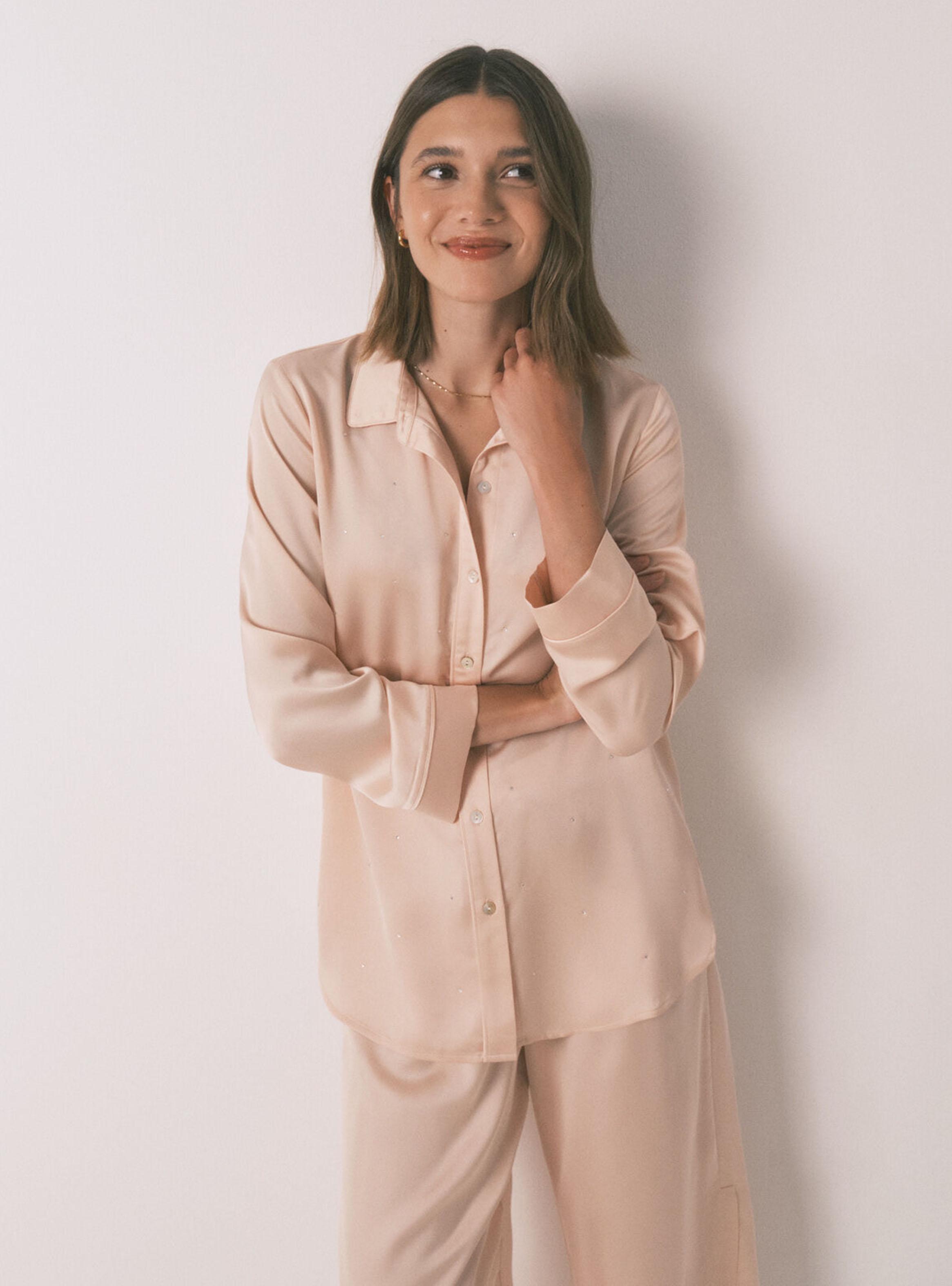 Pijama Largo Strass Satén Naranja-2