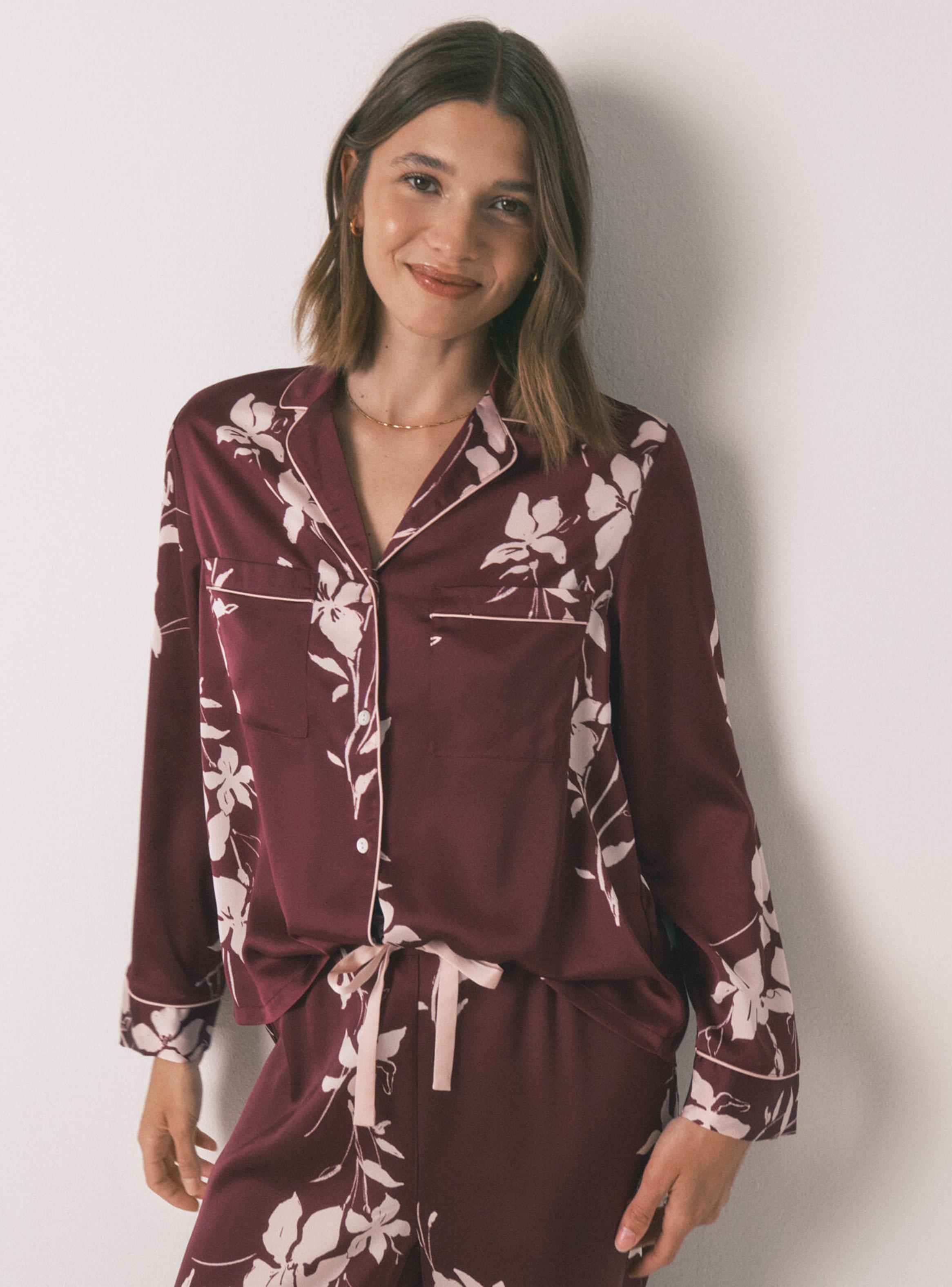 Pijama Camisero Largo Floral Granate-3