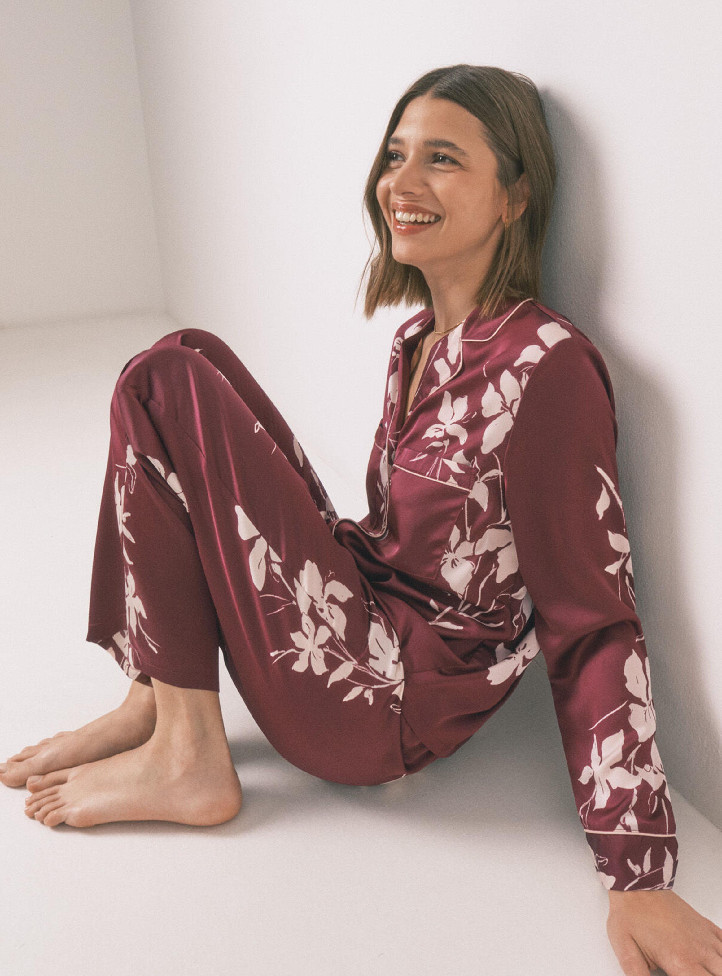 Pijama Camisero Largo Floral Granate-2