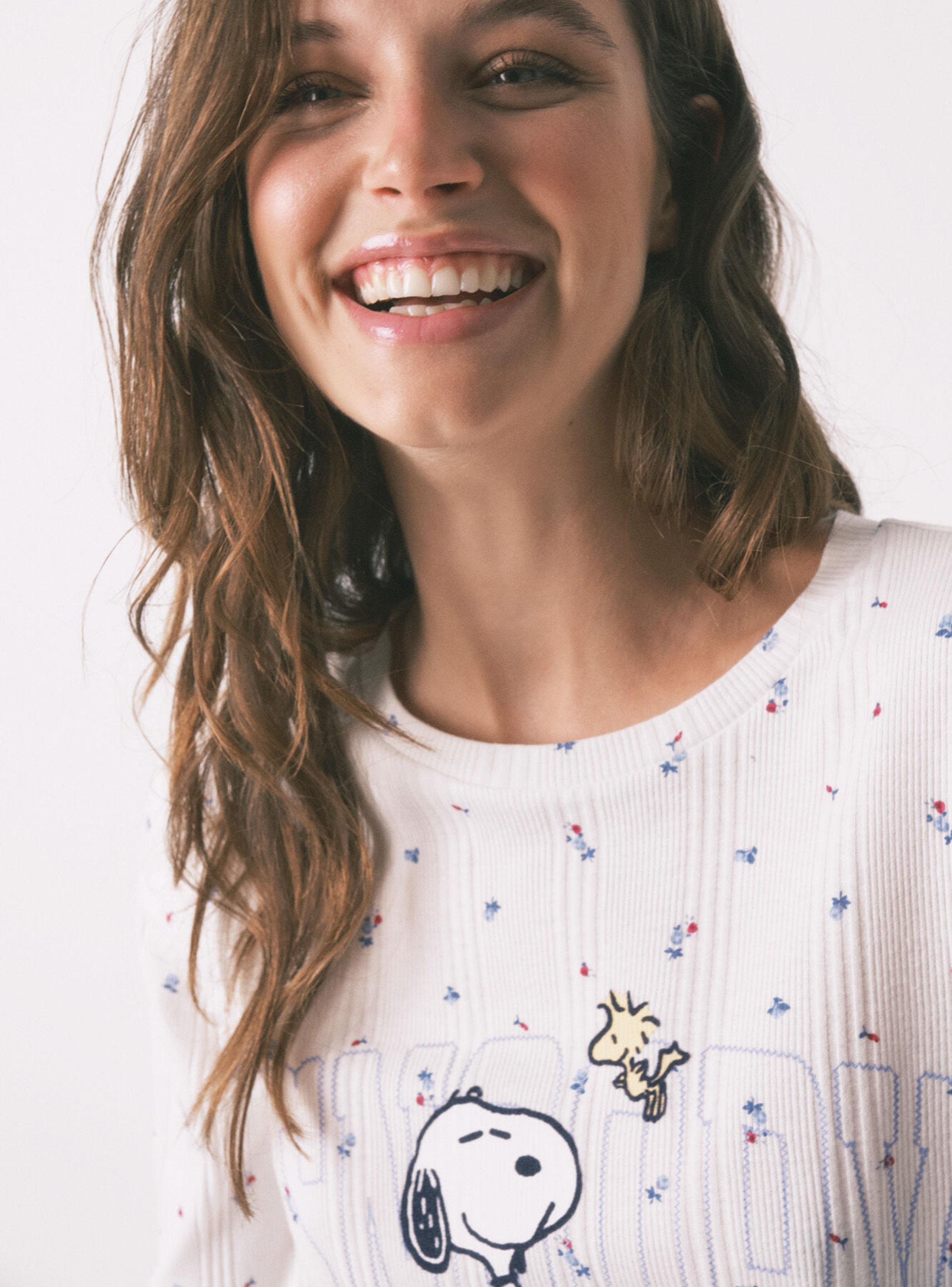 Pijama Largo Algodón Snoopy Flores Blanco-4