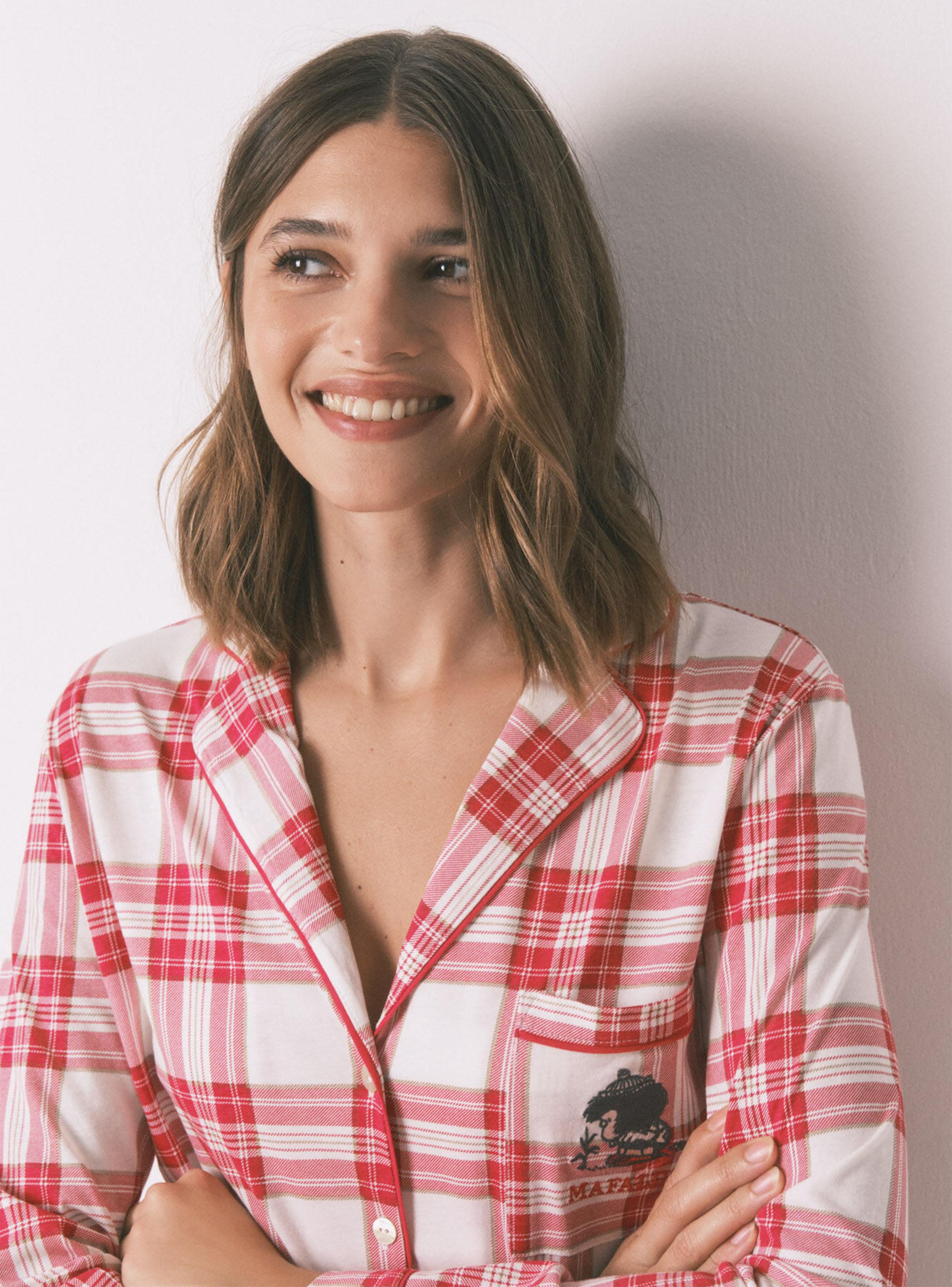 Pijama Camisero Mafalda Algodón Cuadros Rojos-2
