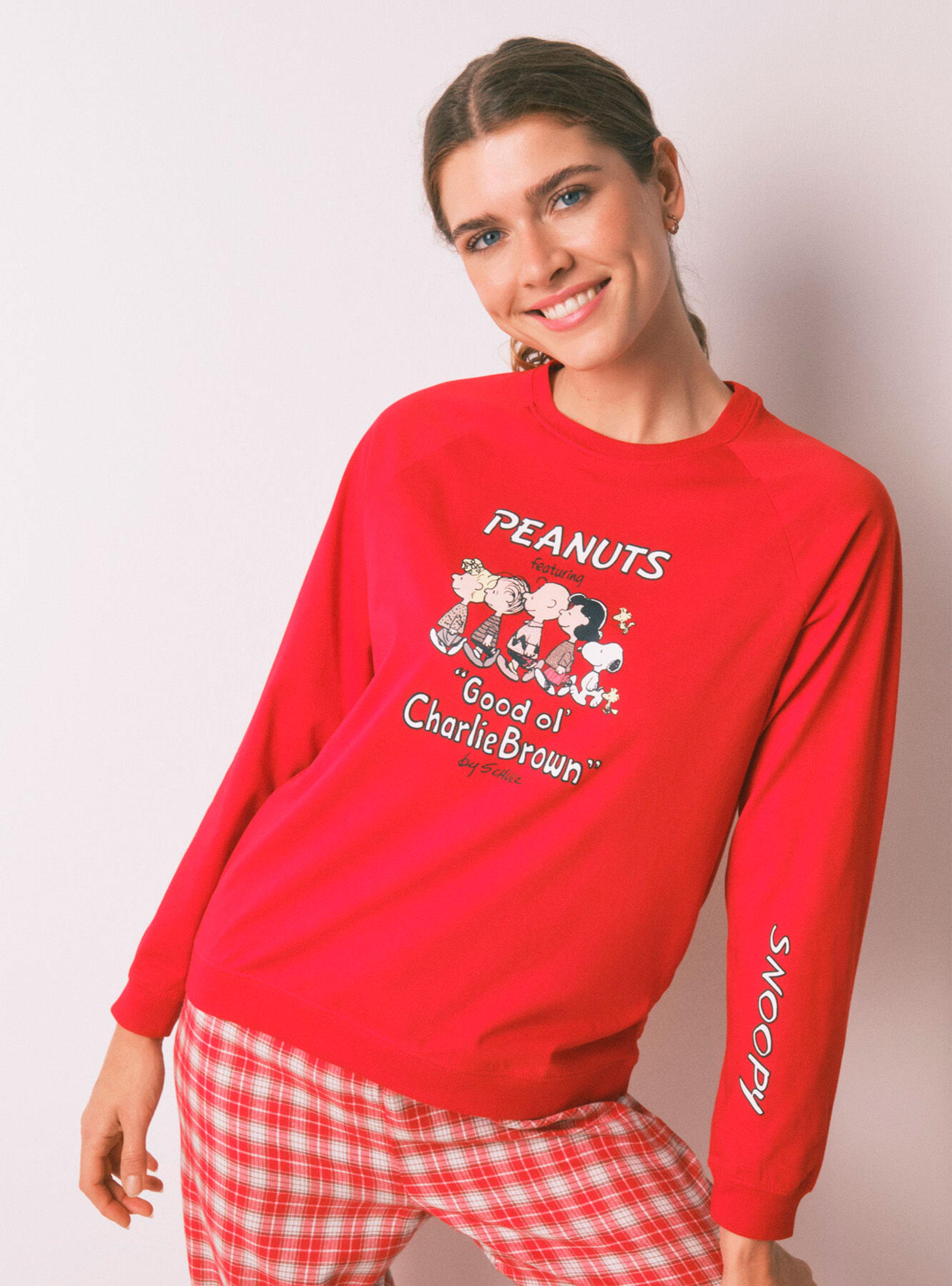 Pijama Largo Algodón Rojo Cuadros Snoopy-2