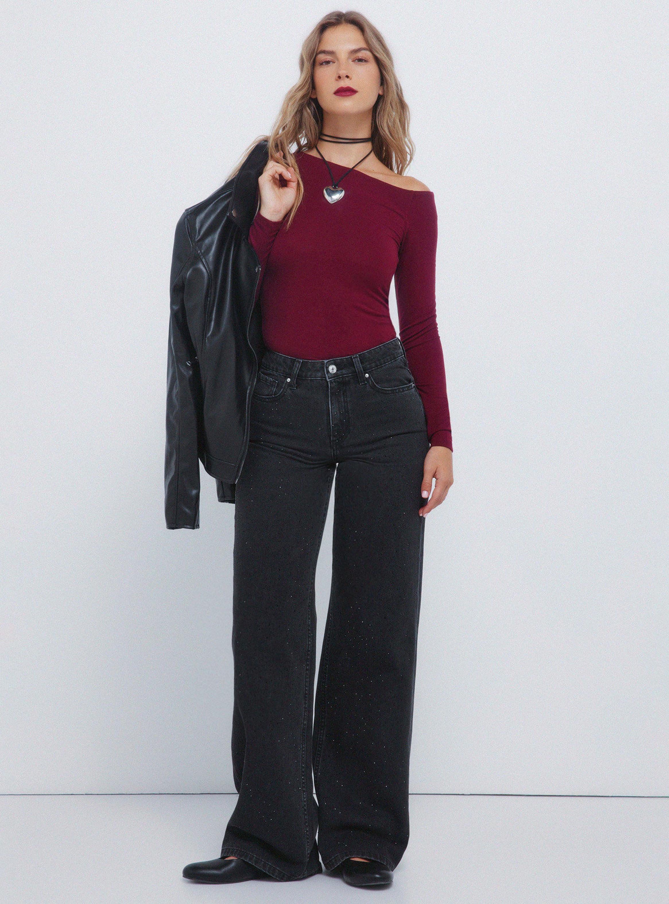 Jeans de Pierna Ancha con Cristales Brillantes-4