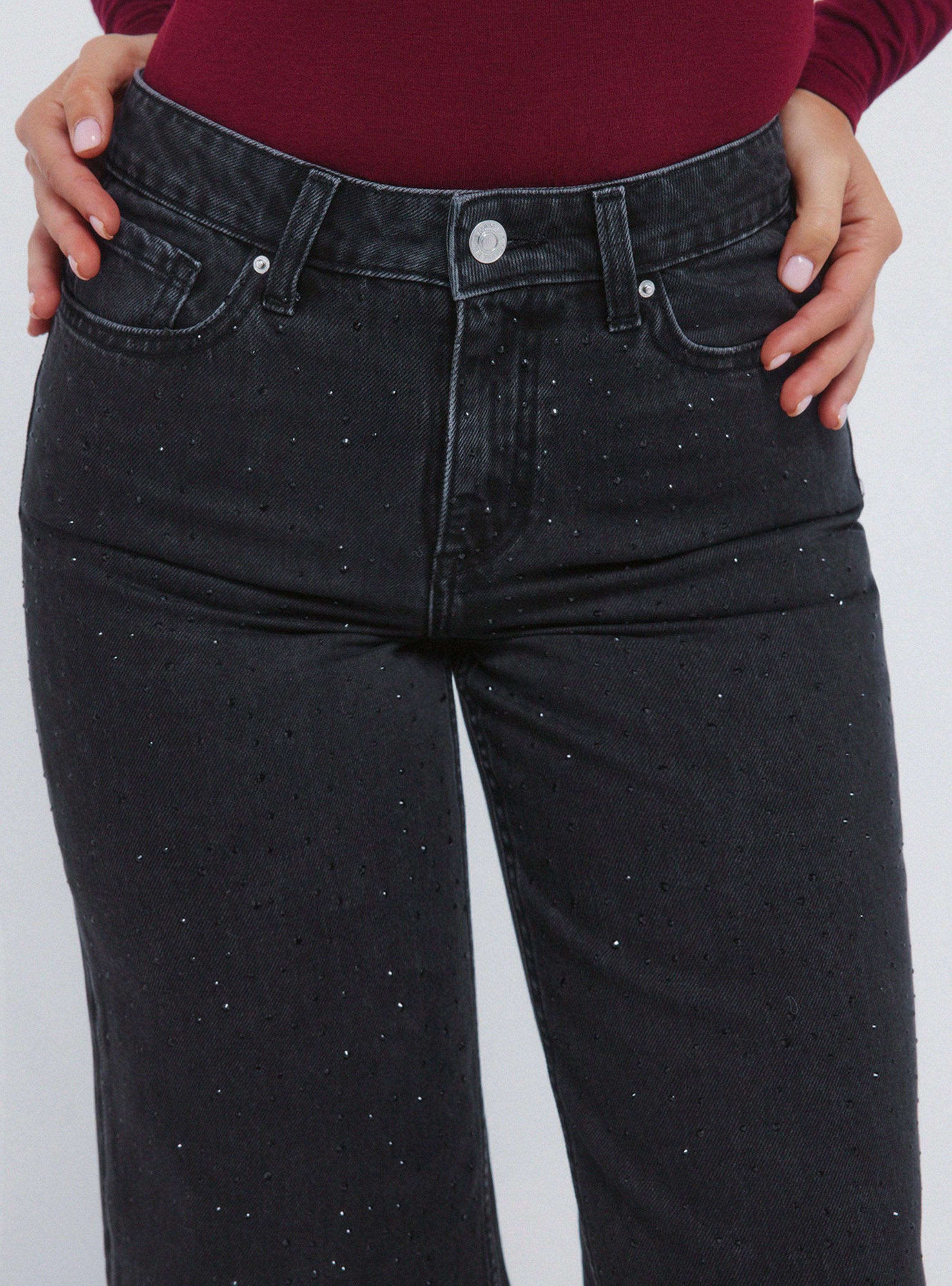 Jeans de Pierna Ancha con Cristales Brillantes-2