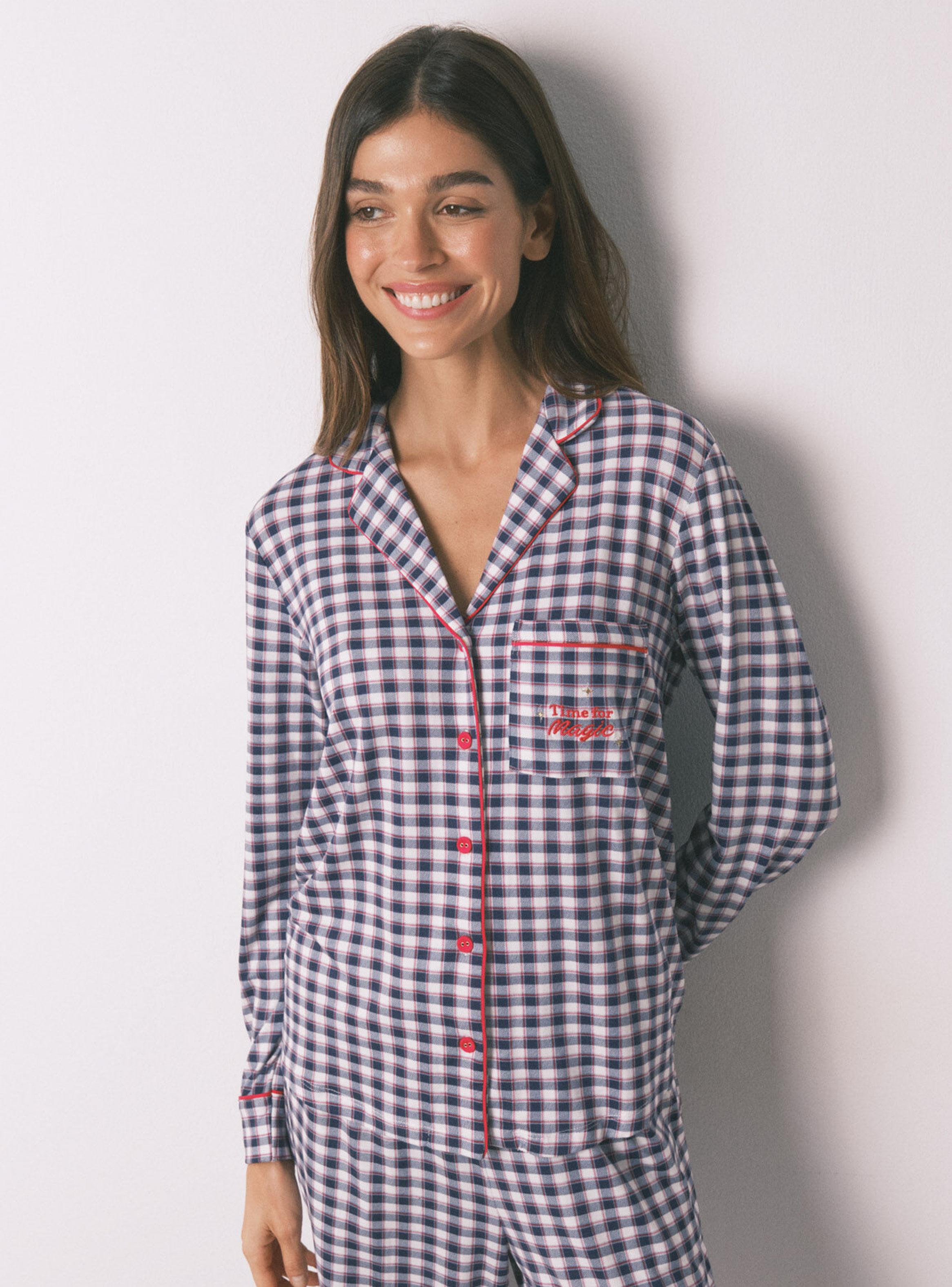 Pijama Camisero Largo Punto Suave Cuadros-2