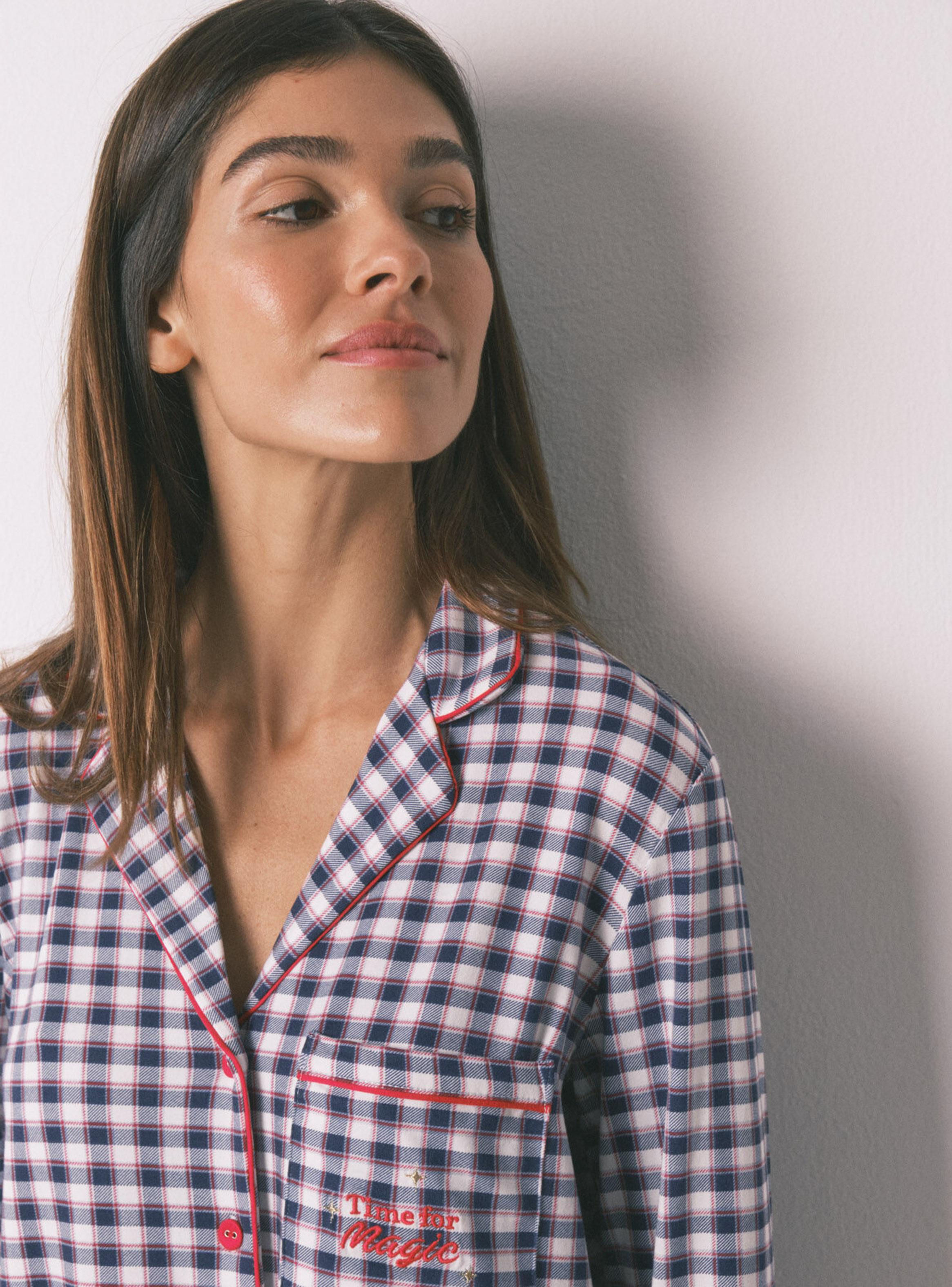 Pijama Camisero Largo Punto Suave Cuadros-3