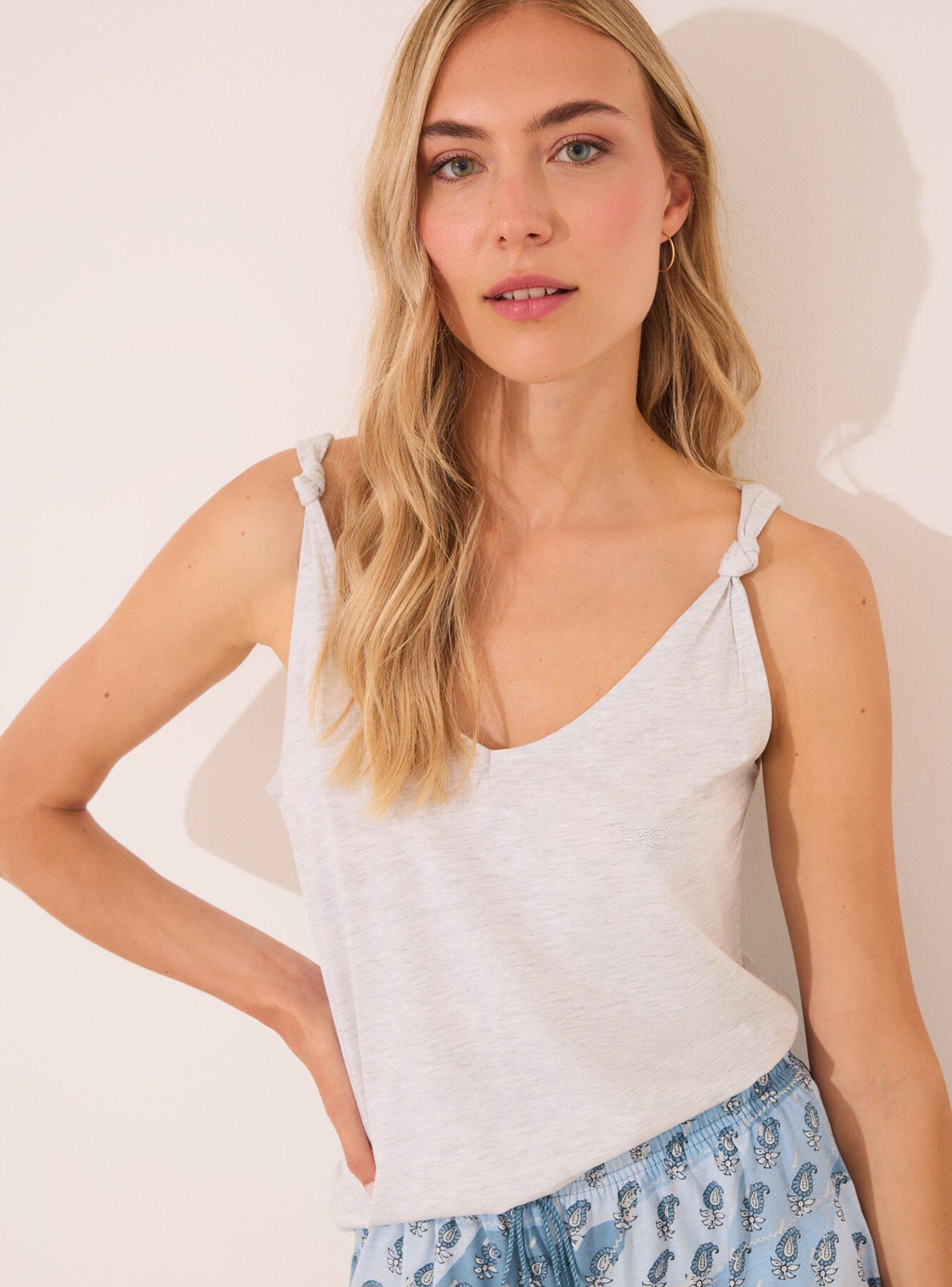 Pijama Corto Tirantes Algodón Paisley Liso y Tirantes-2