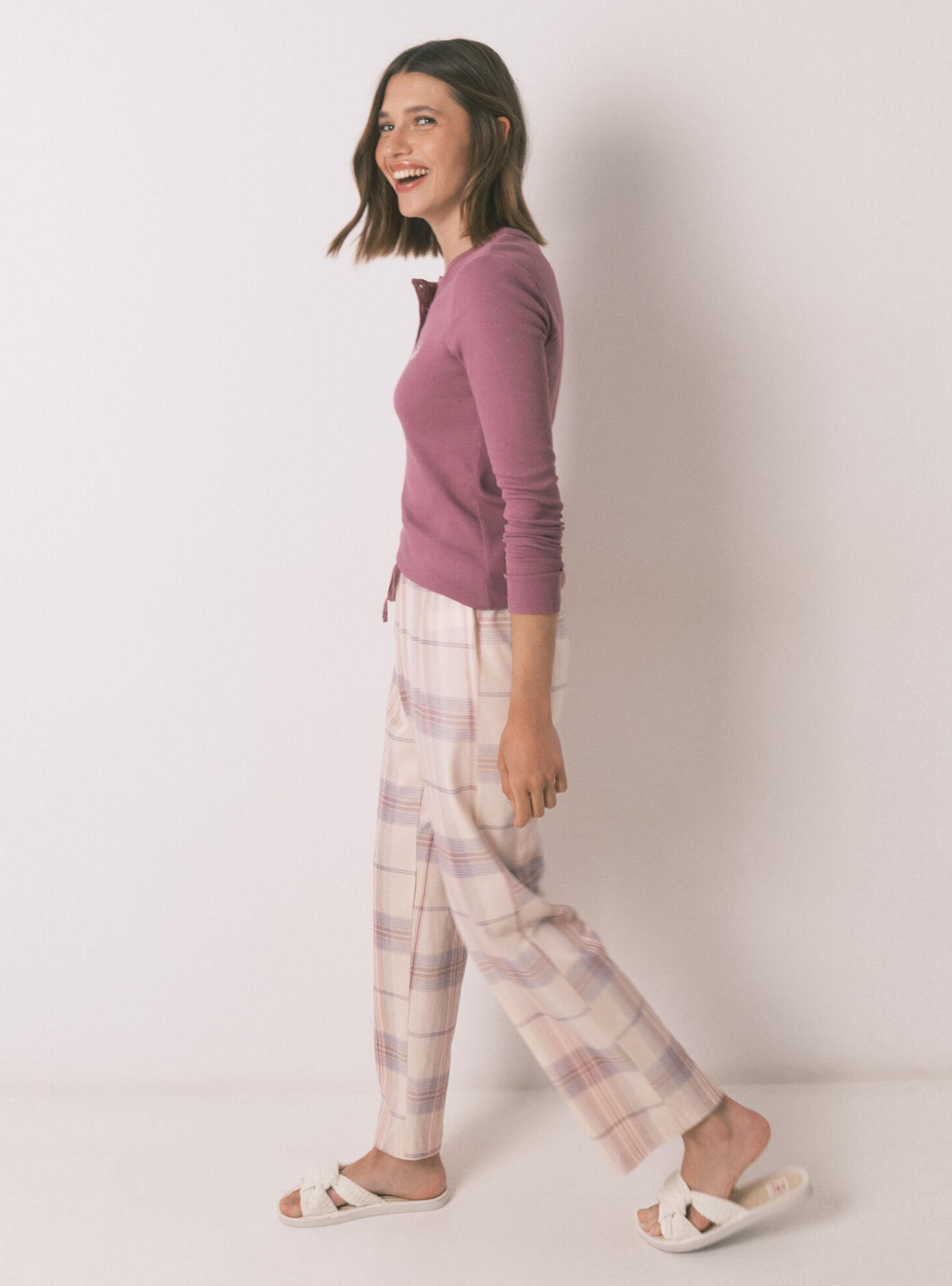 Pijama Largo Algodón Estampado Cuadros Rosa-2