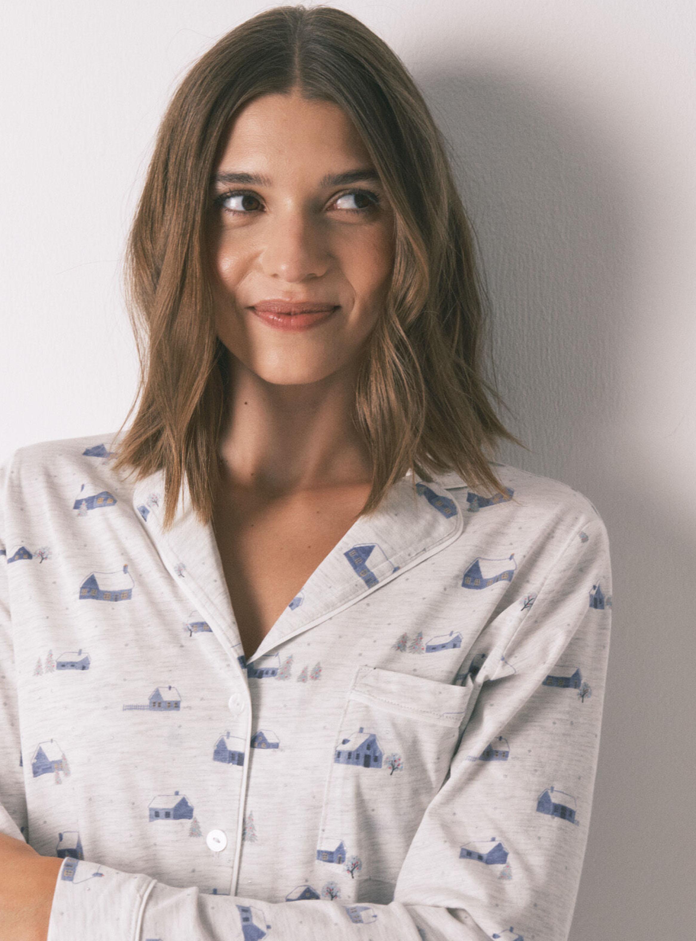 Pijama Camisero Largo Algodón Gris Print Casitas-2