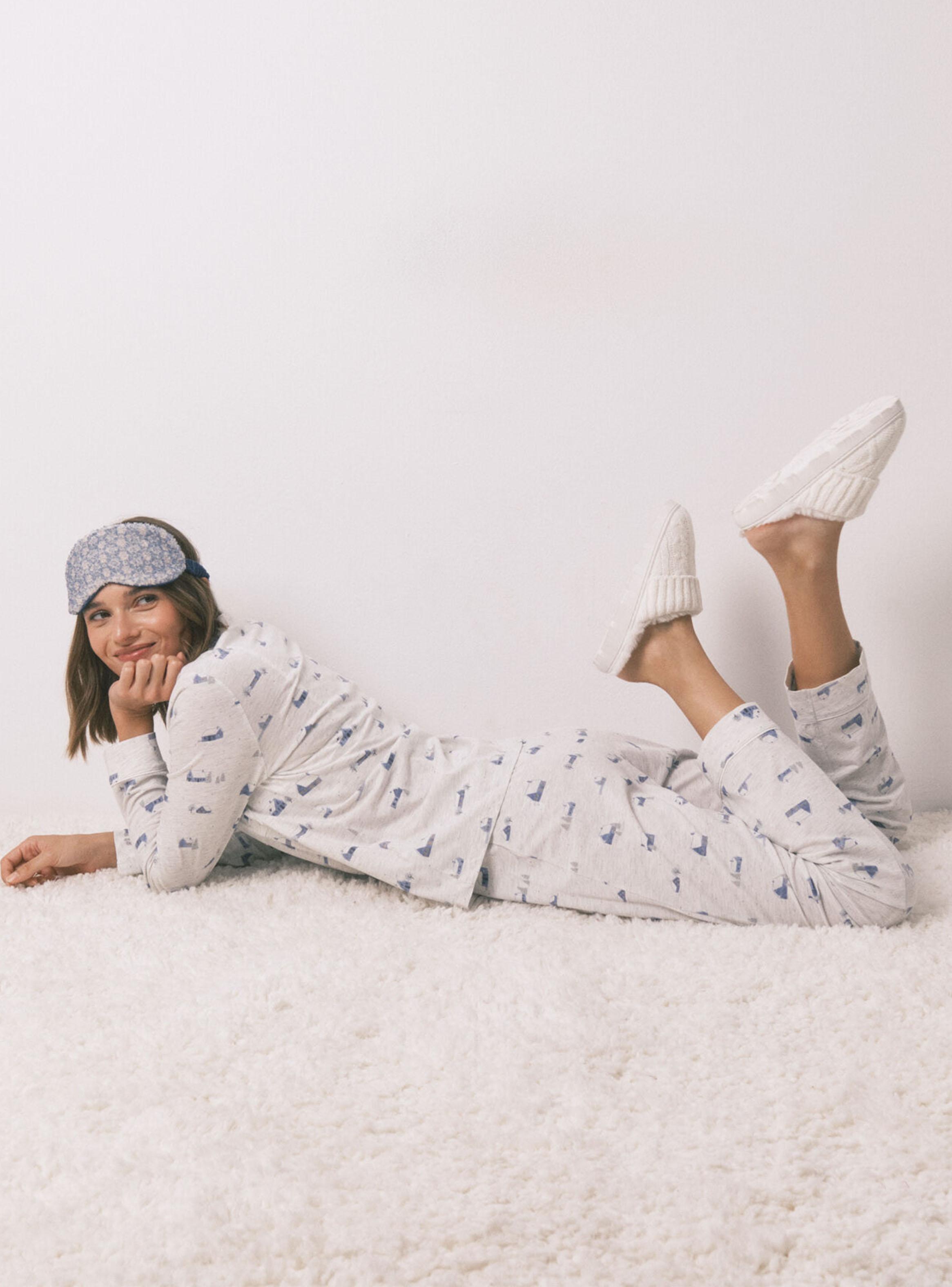 Pijama Camisero Largo Algodón Gris Print Casitas-5