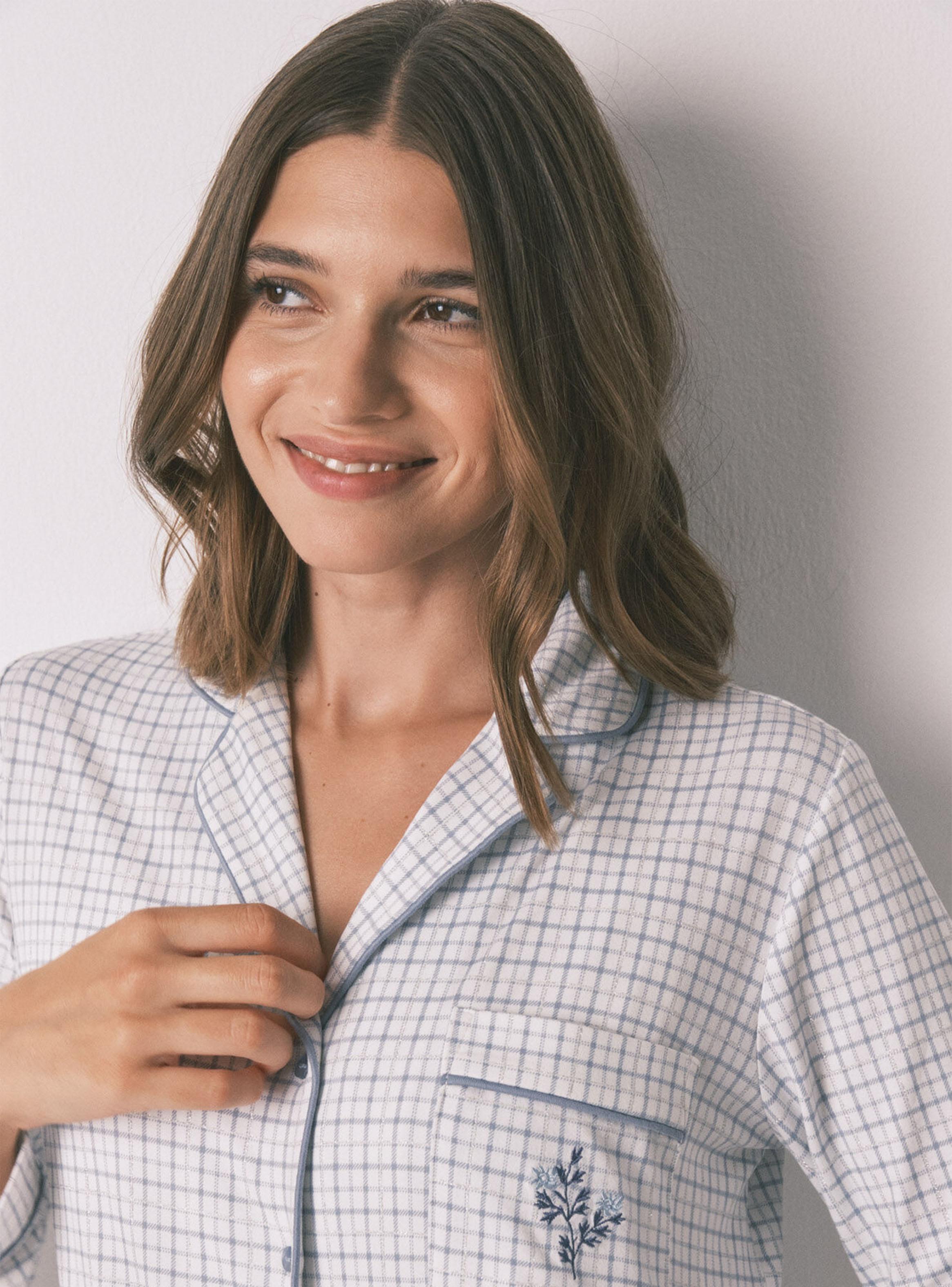 Pijama Camisero Largo Cuadros Efecto Brillo-3