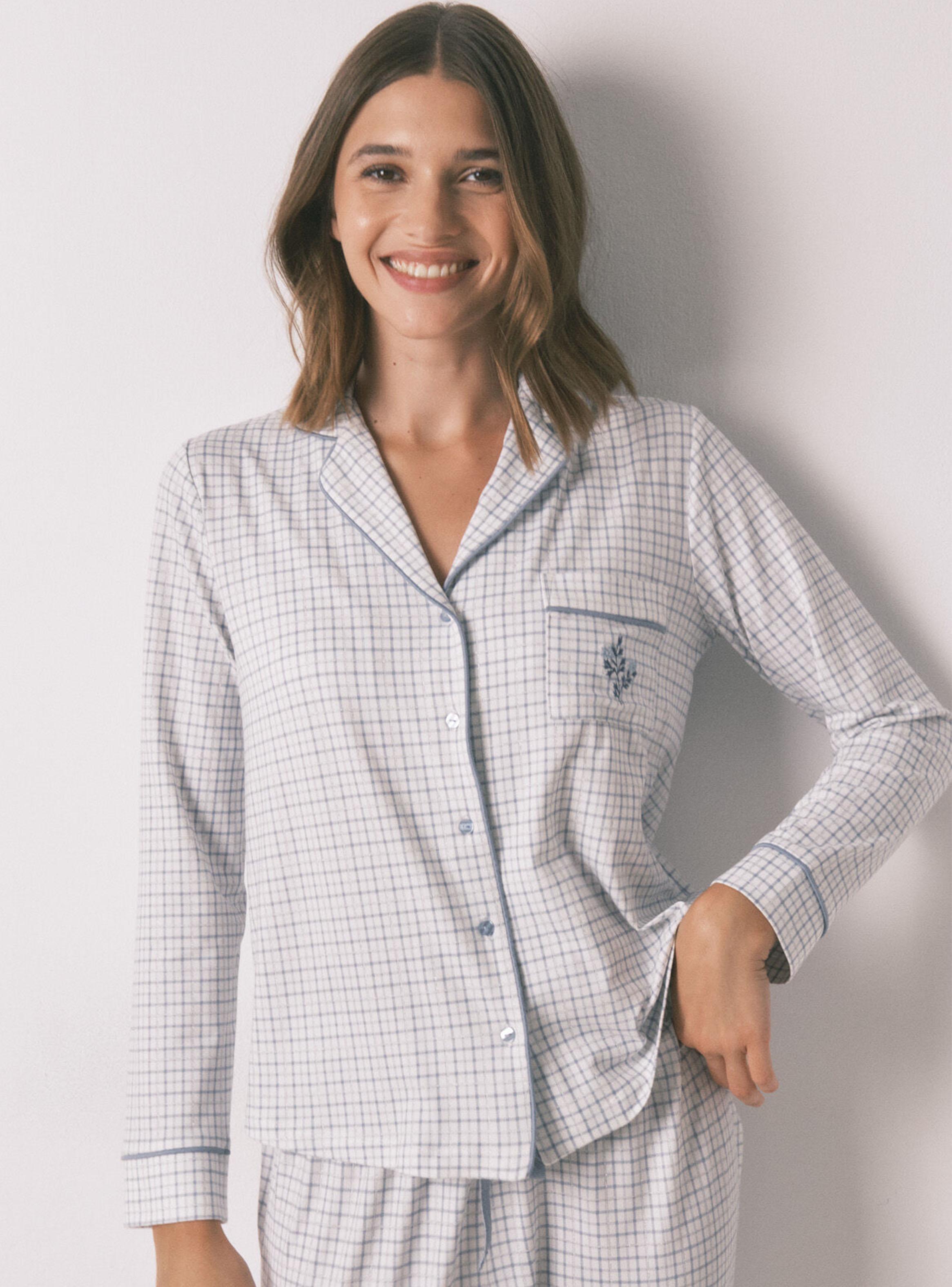 Pijama Camisero Largo Cuadros Efecto Brillo-2