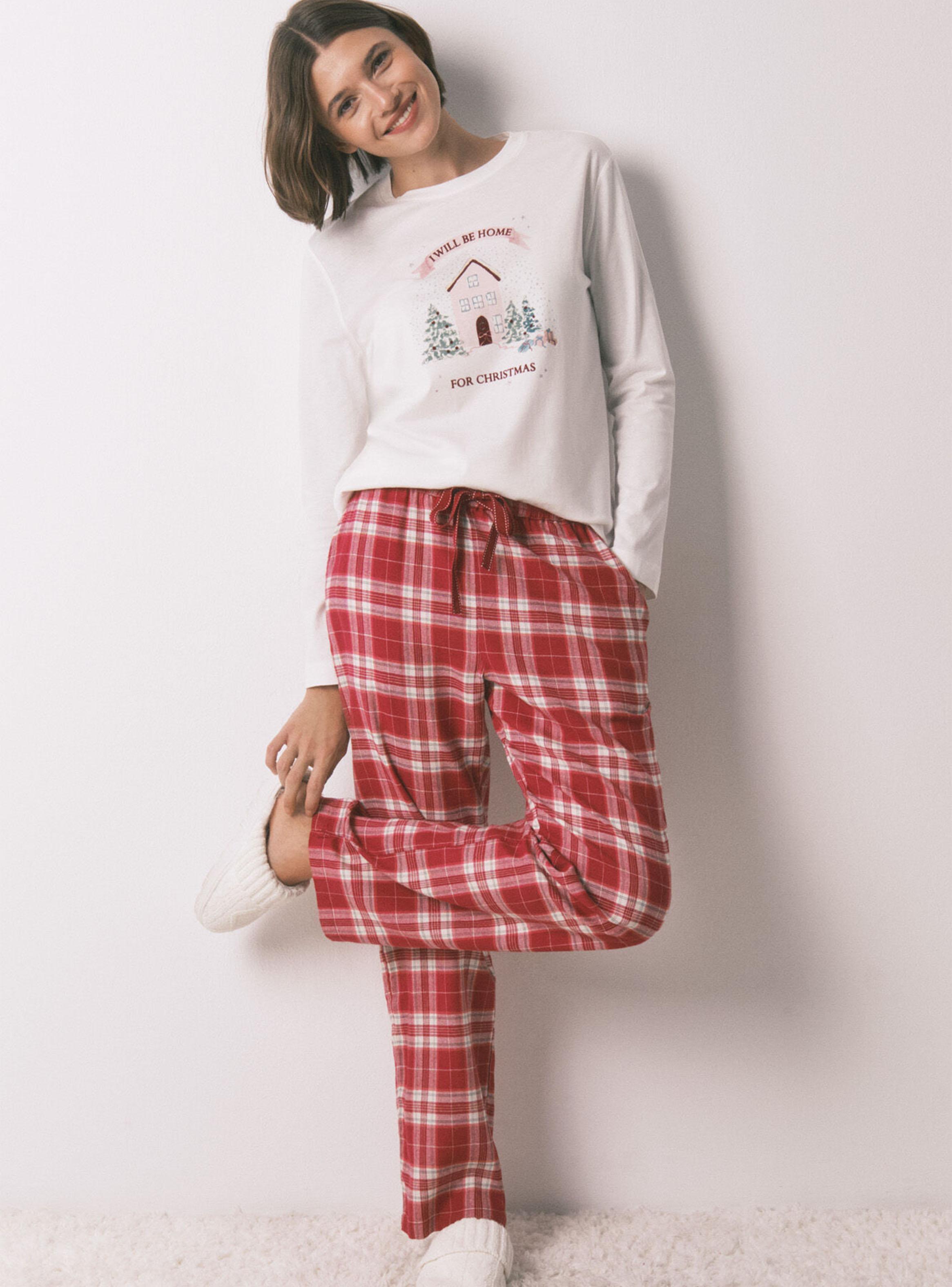 Pantalón Largo Franela Estampado Cuadros Rojo-4