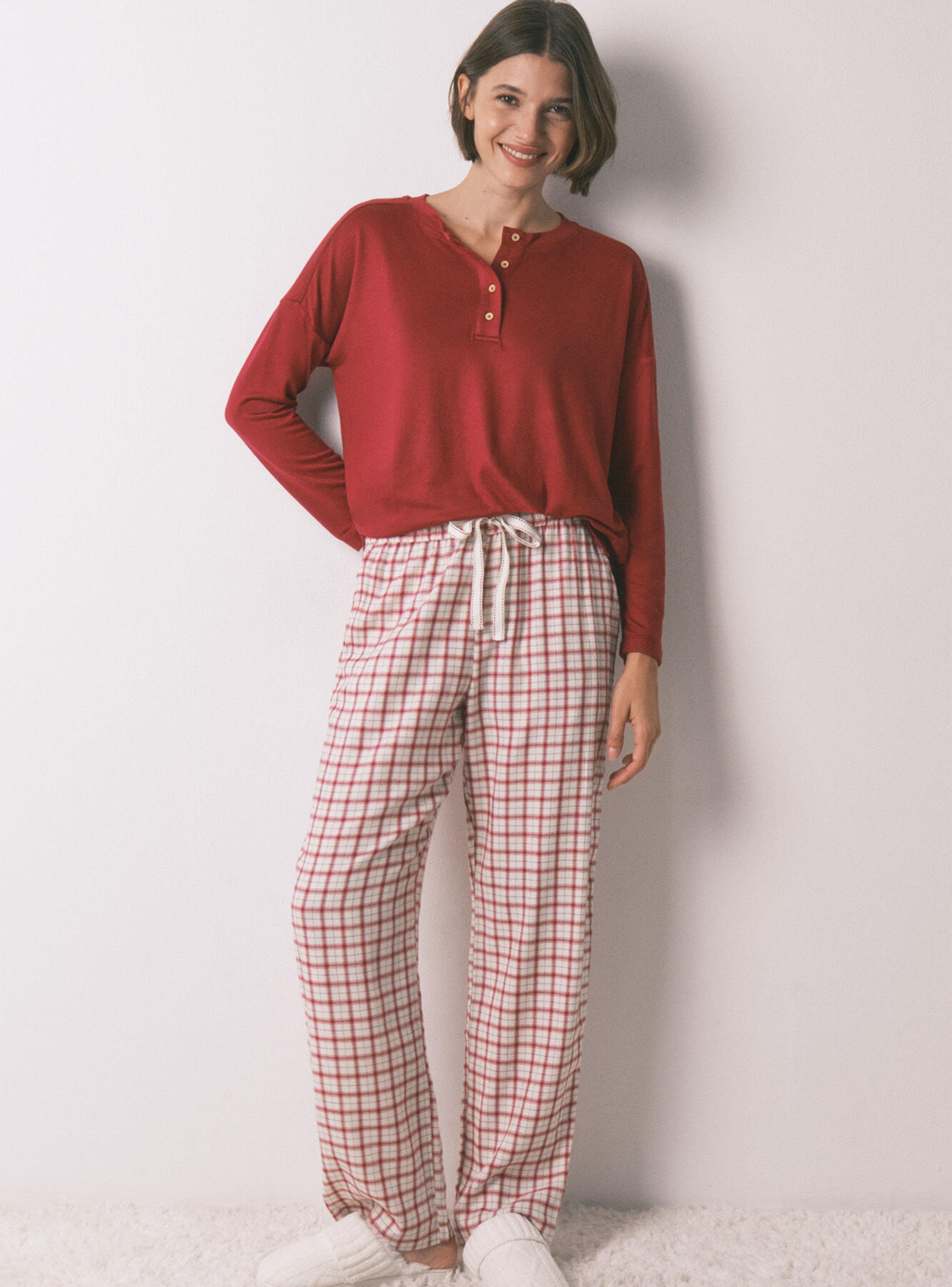 Pantalón Largo Franela Estampado Cuadros Blanco-3