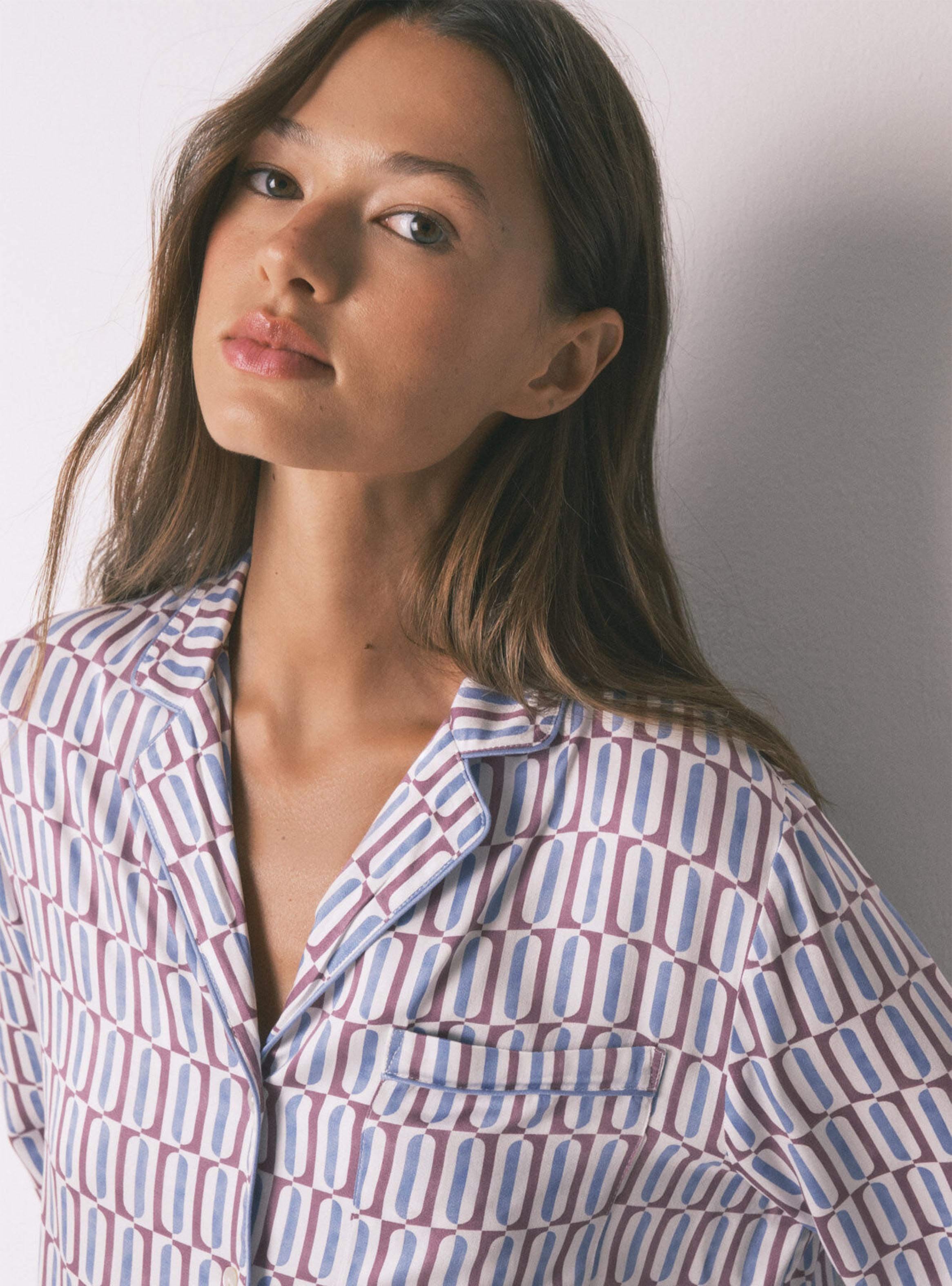 Pijama Camisero Largo Satén Print Geométrico-2