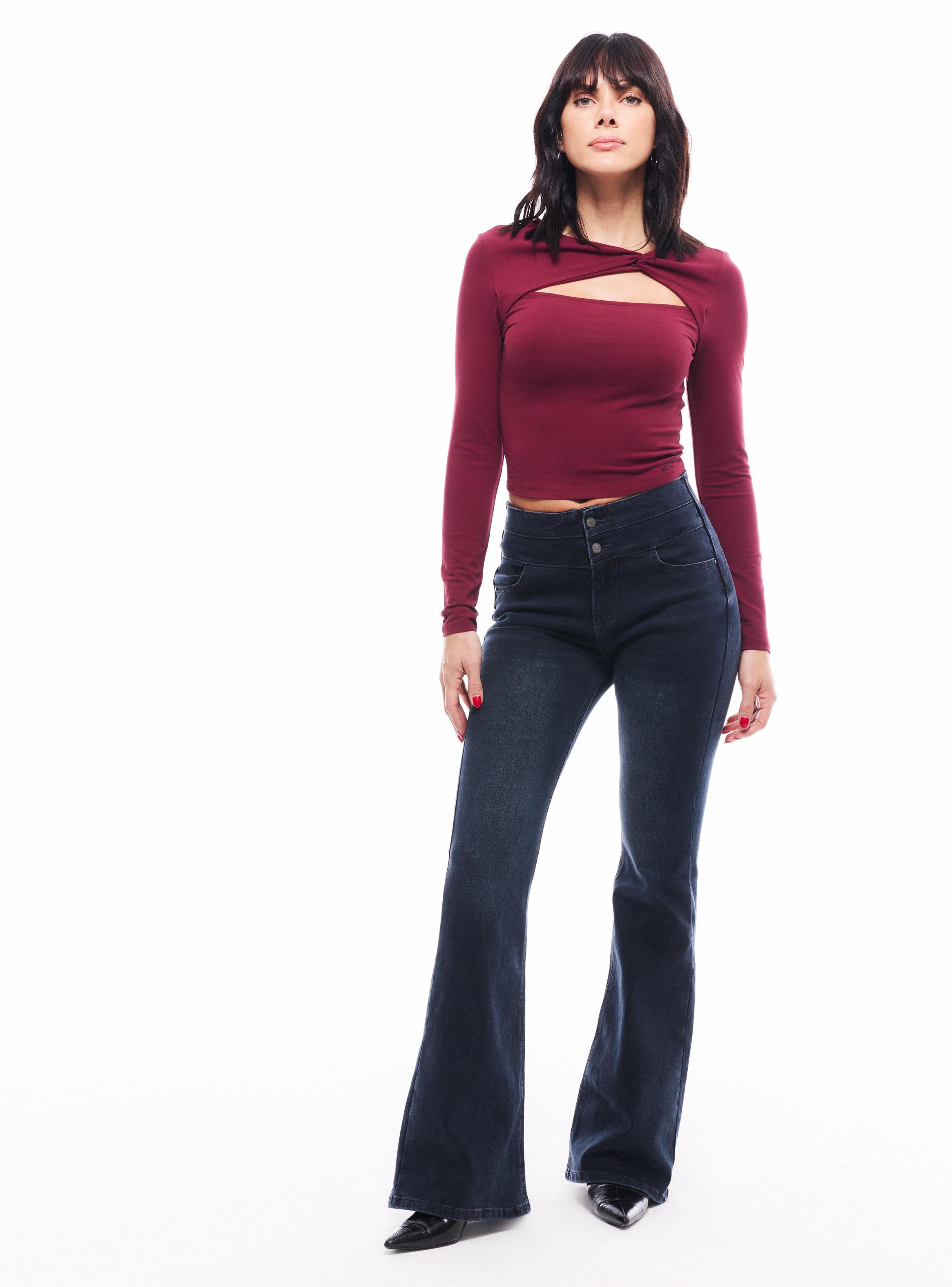 Jeans Flare Push Up con Pretina con Cortes Lavado Sulfúr-4