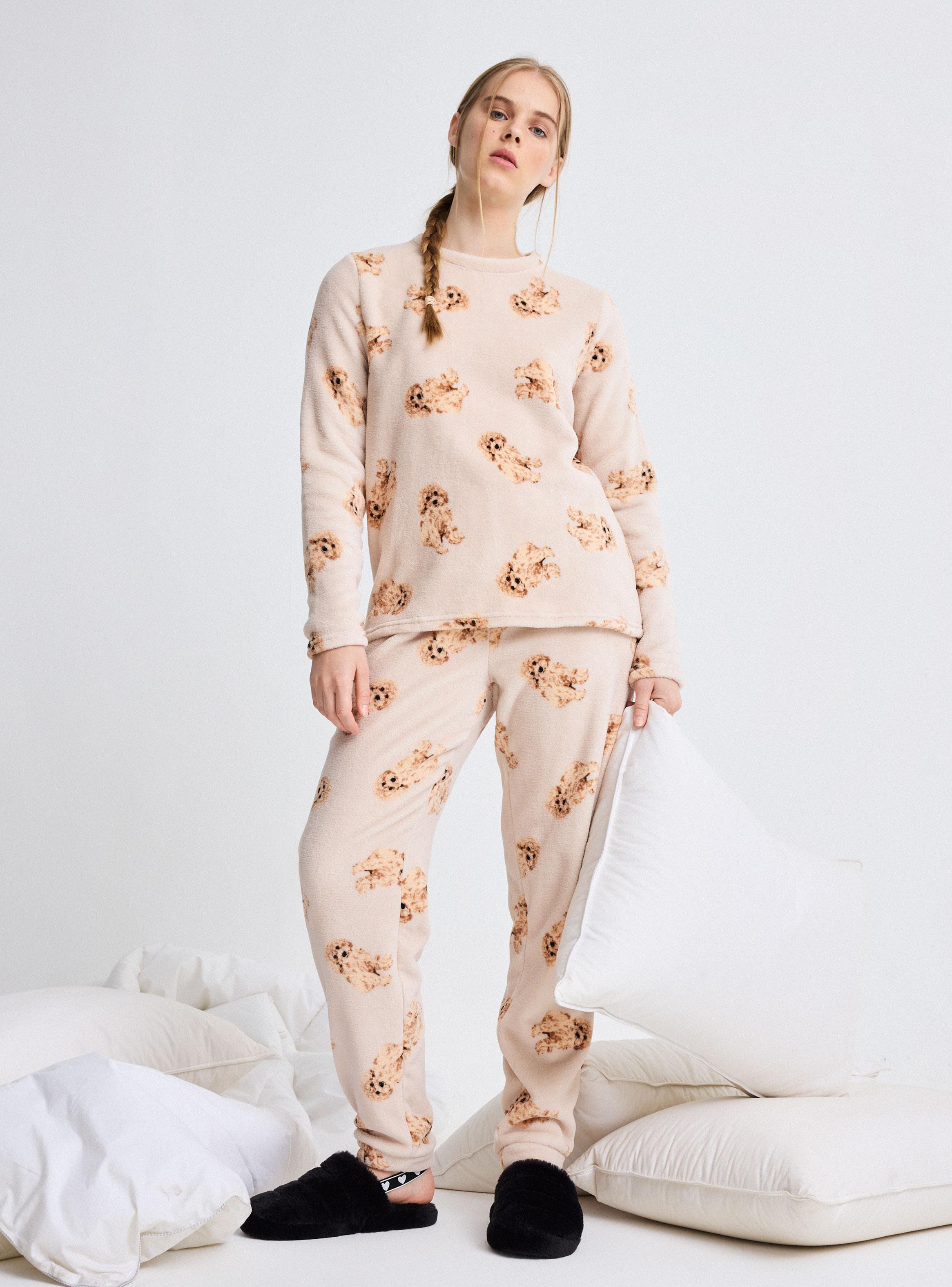 Pijama Top Coral Fleece Suave y Cálido Pantalón Polar-4