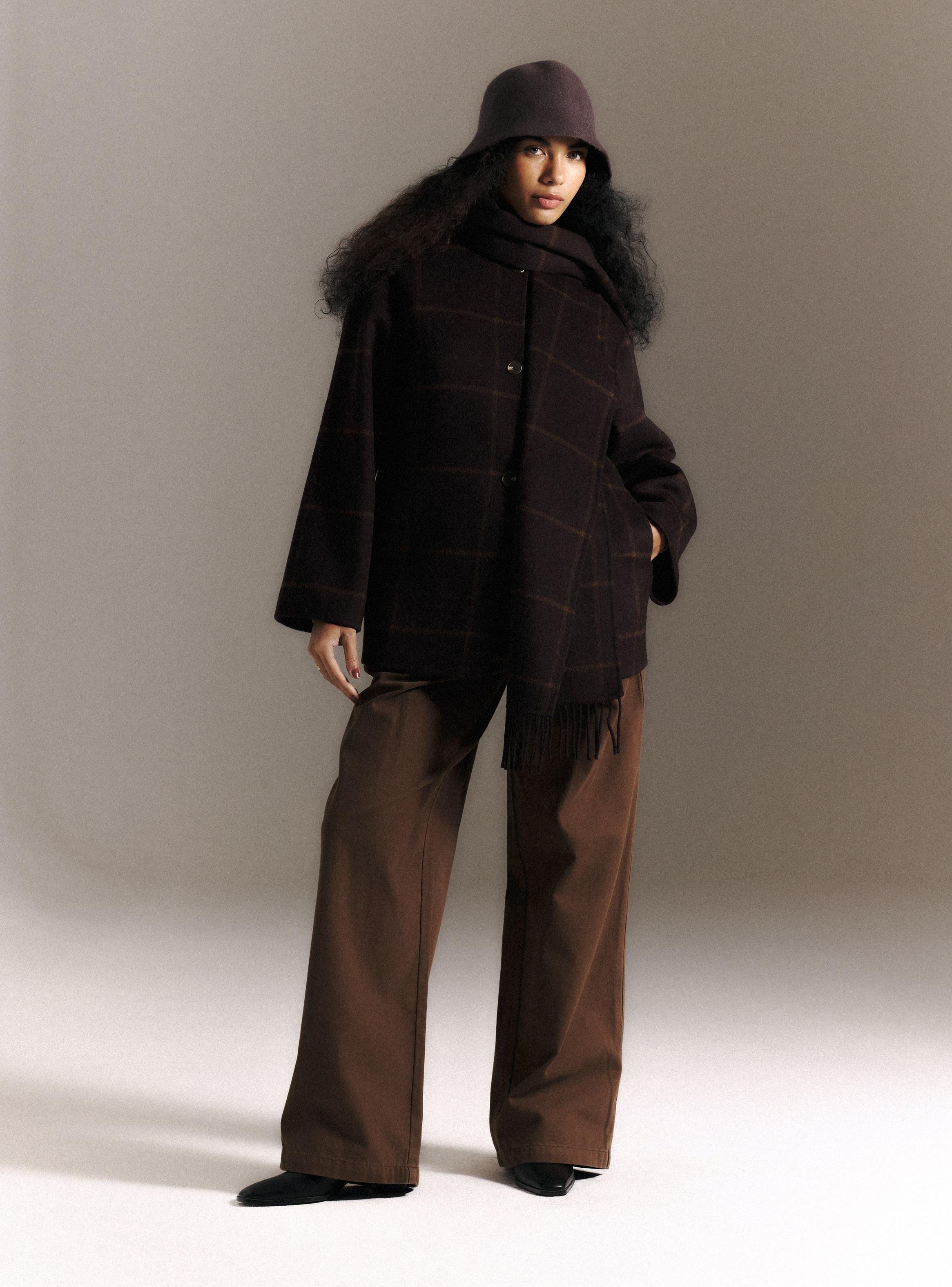 Abrigo con Lana de Cuadros y Bufanda Incorporada-4