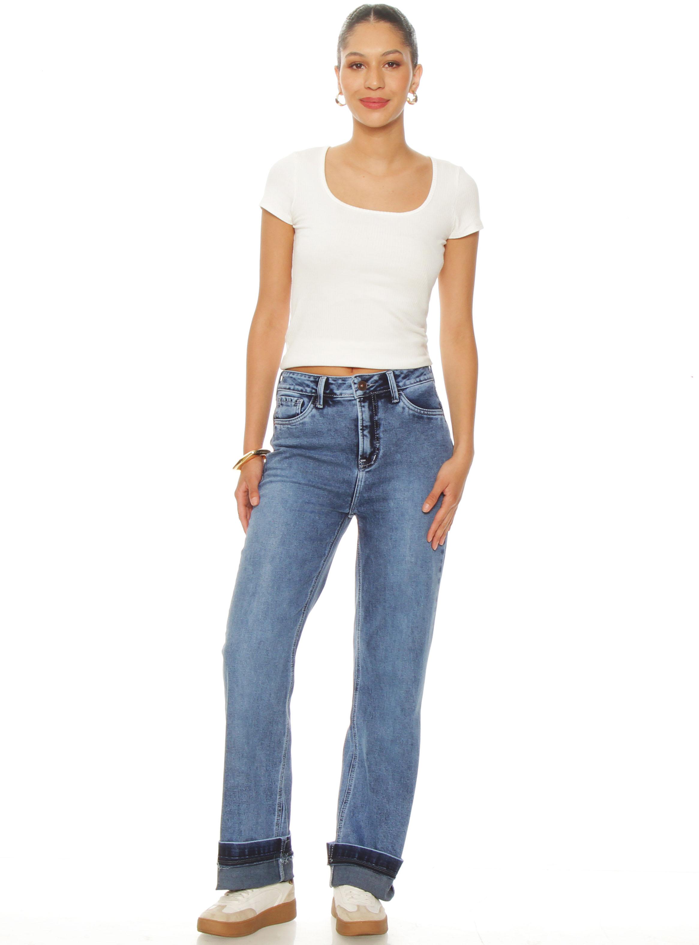 Jeans Recto Tiro Alto Pretina Push Up Roll Up-3