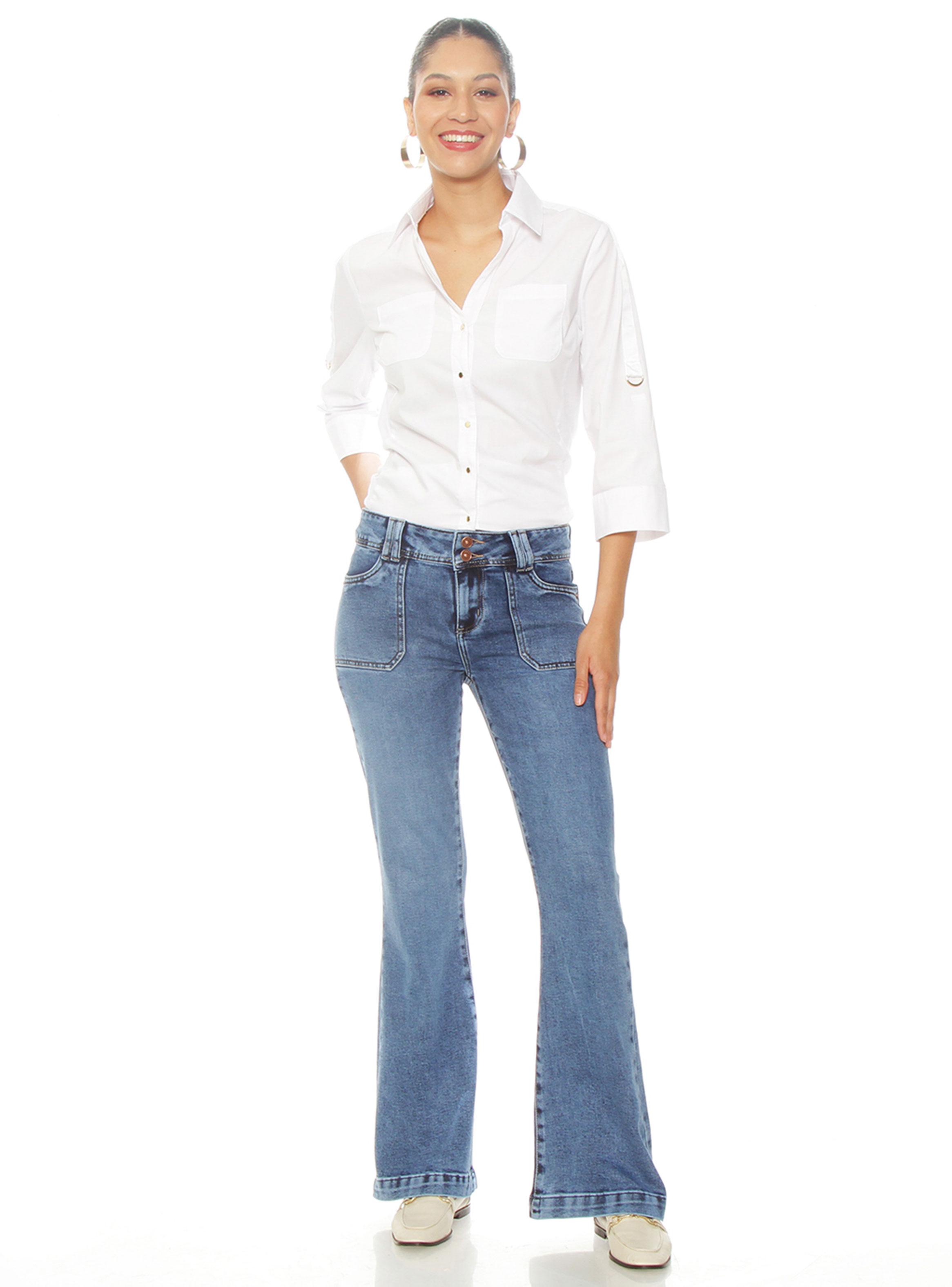 Jeans Cargo Flare Tiro Alto Pretina Media 2 Botones-3