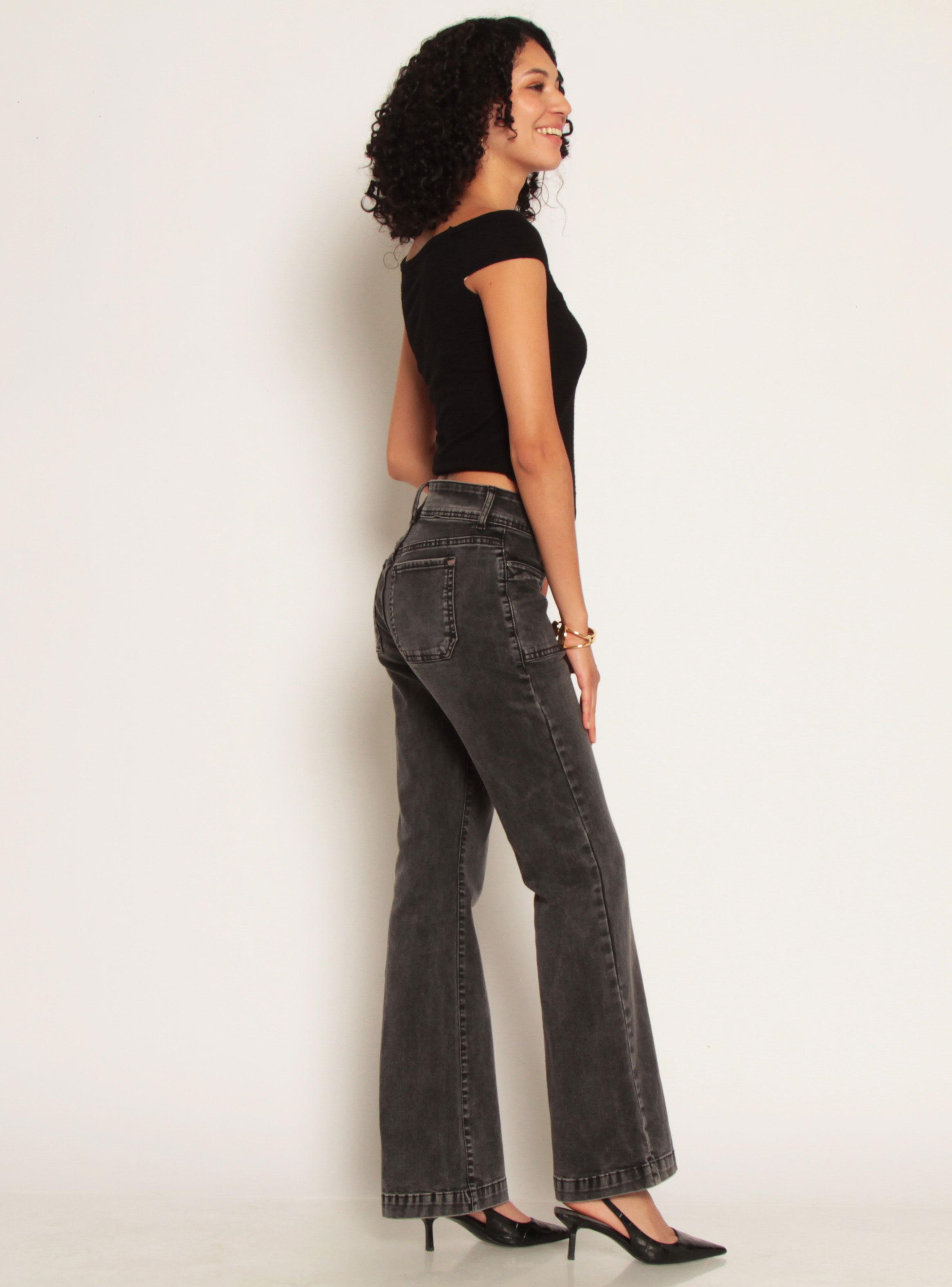 Jeans Cargo Flare Tiro Alto Pretina Media Dos Botones-4