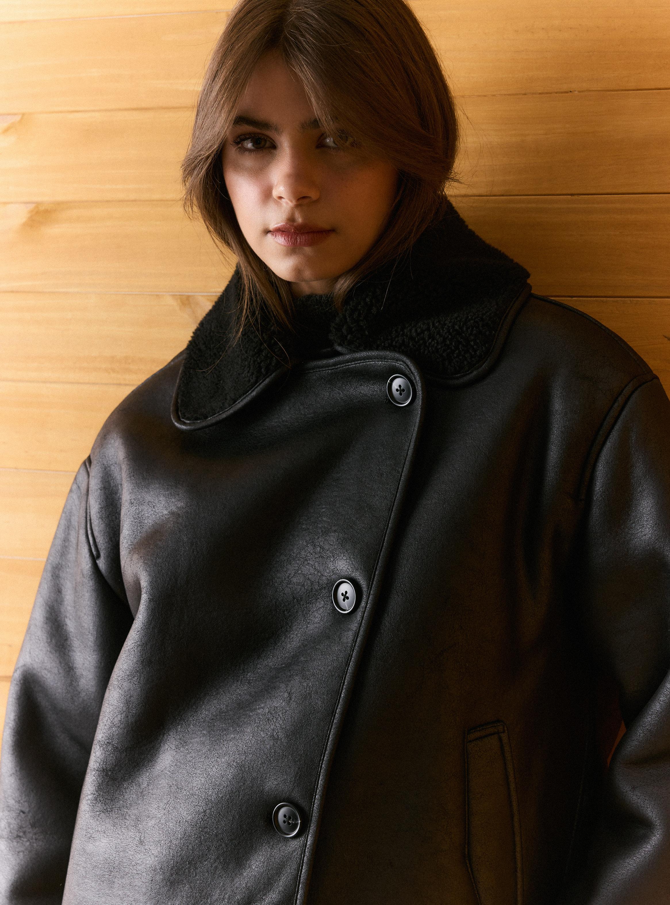 Chaqueta Bonded Efecto Cuero con Cuello de Borrego-3