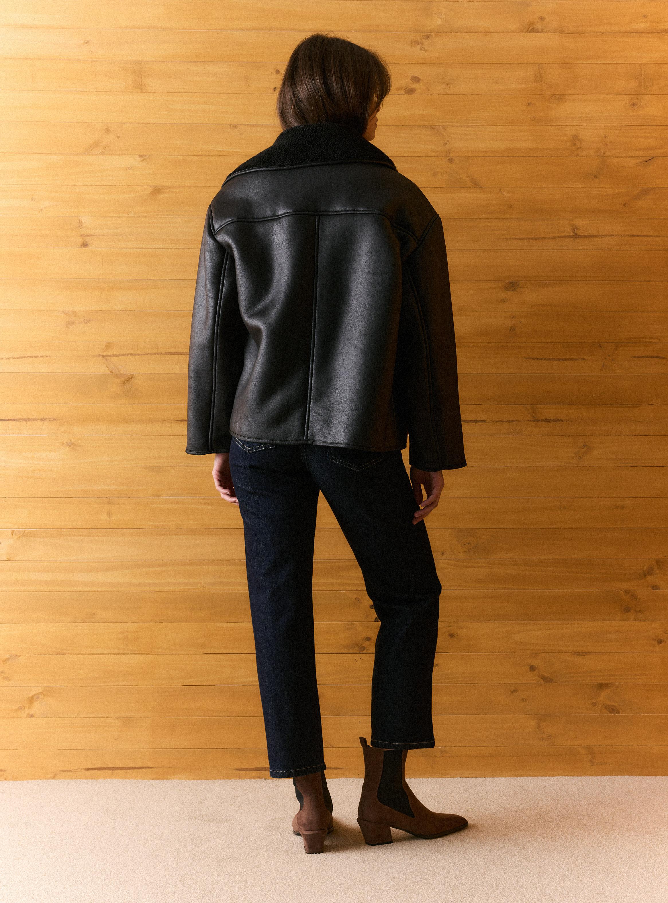 Chaqueta Bonded Efecto Cuero con Cuello de Borrego-5