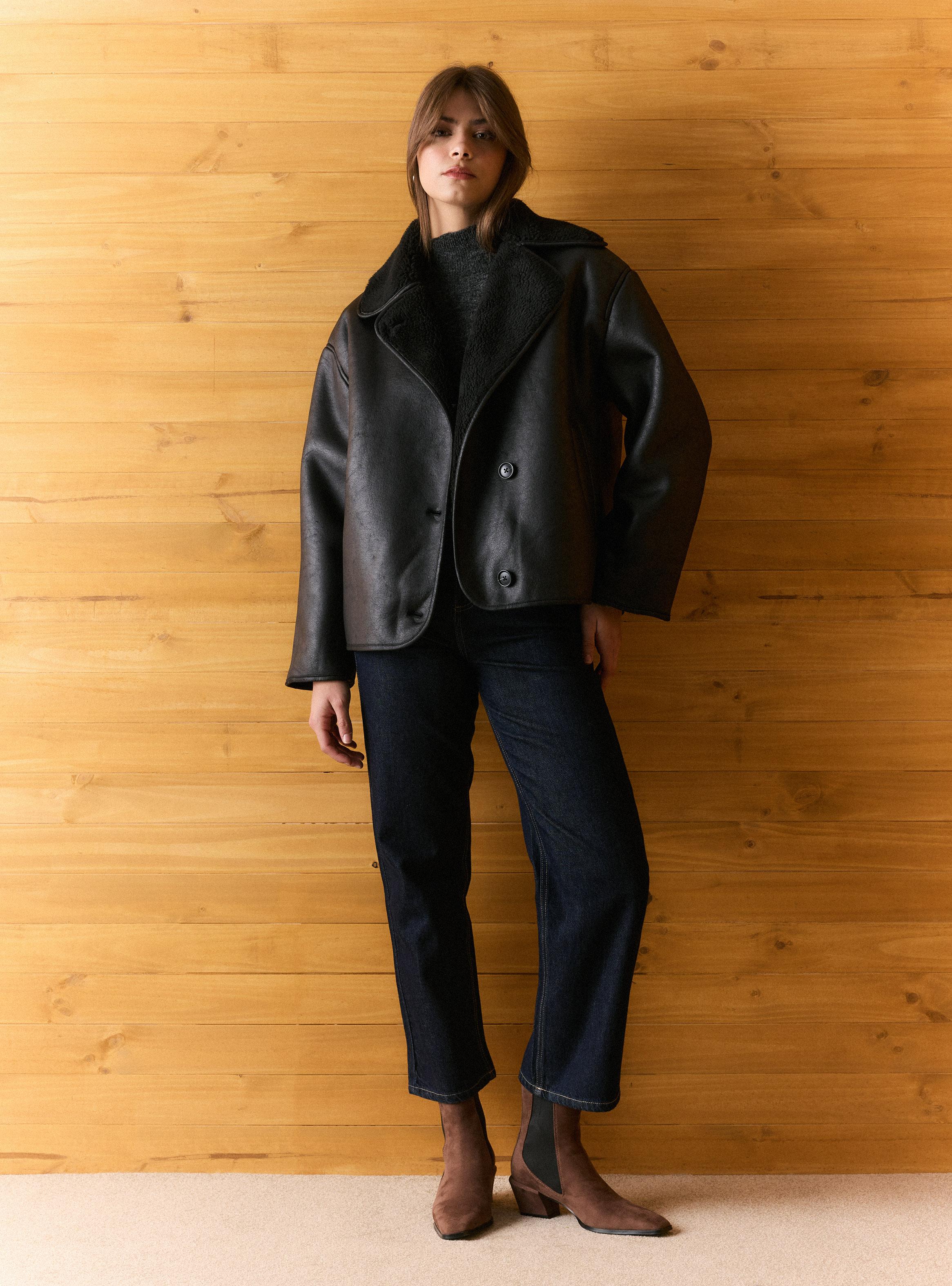 Chaqueta Bonded Efecto Cuero con Cuello de Borrego-4