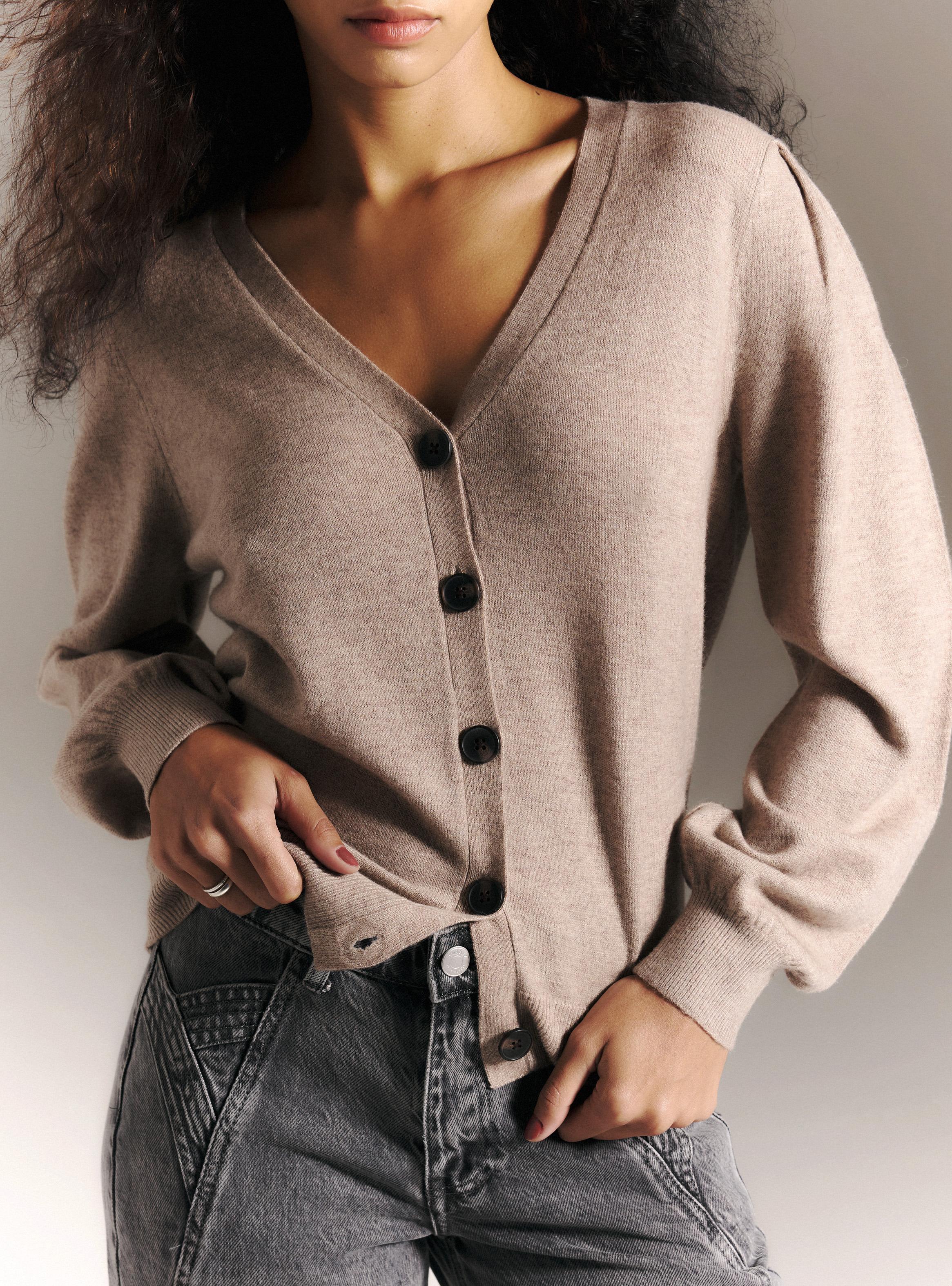 Cárdigan Escote en V y Manga Globo de Lana Merino-3