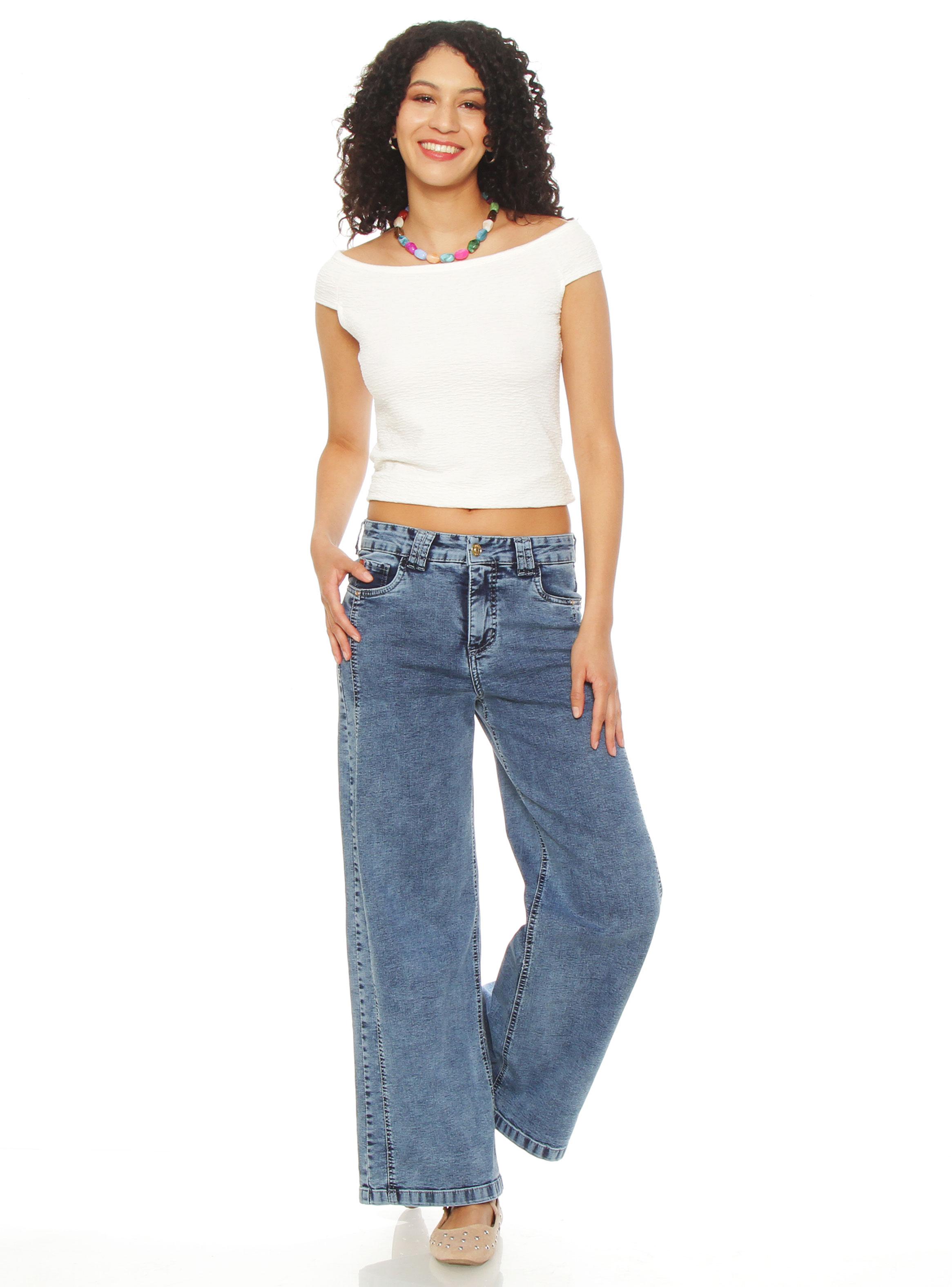 Jeans Wide Leg Tiro Alto Costadillos Pretina Básica 1 Botón-3