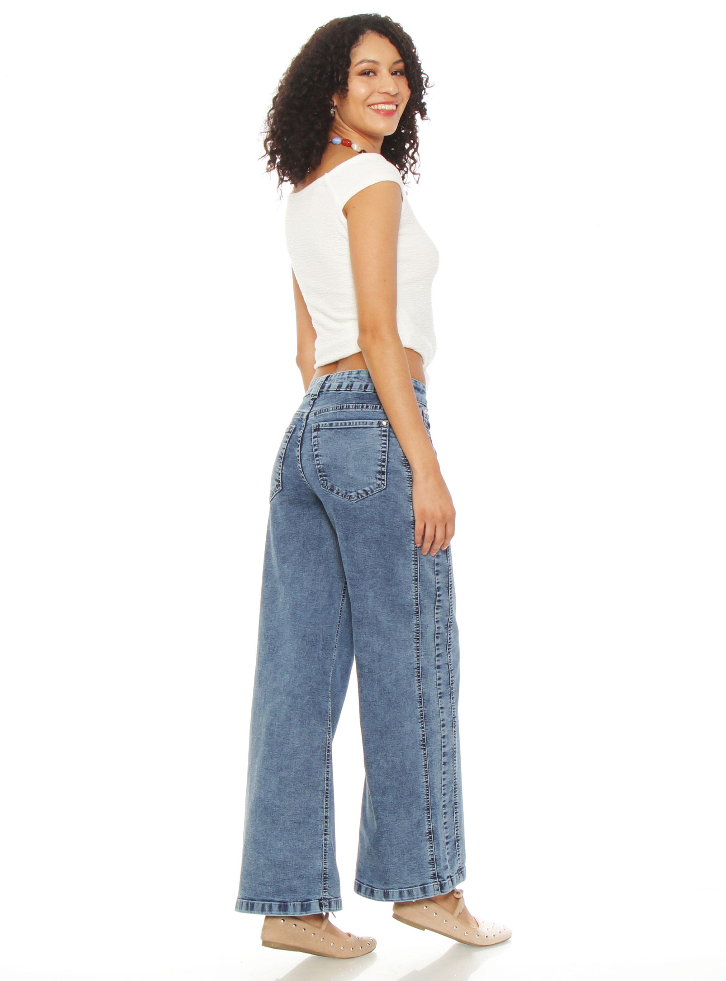 Jeans Wide Leg Tiro Alto Costadillos Pretina Básica 1 Botón-4